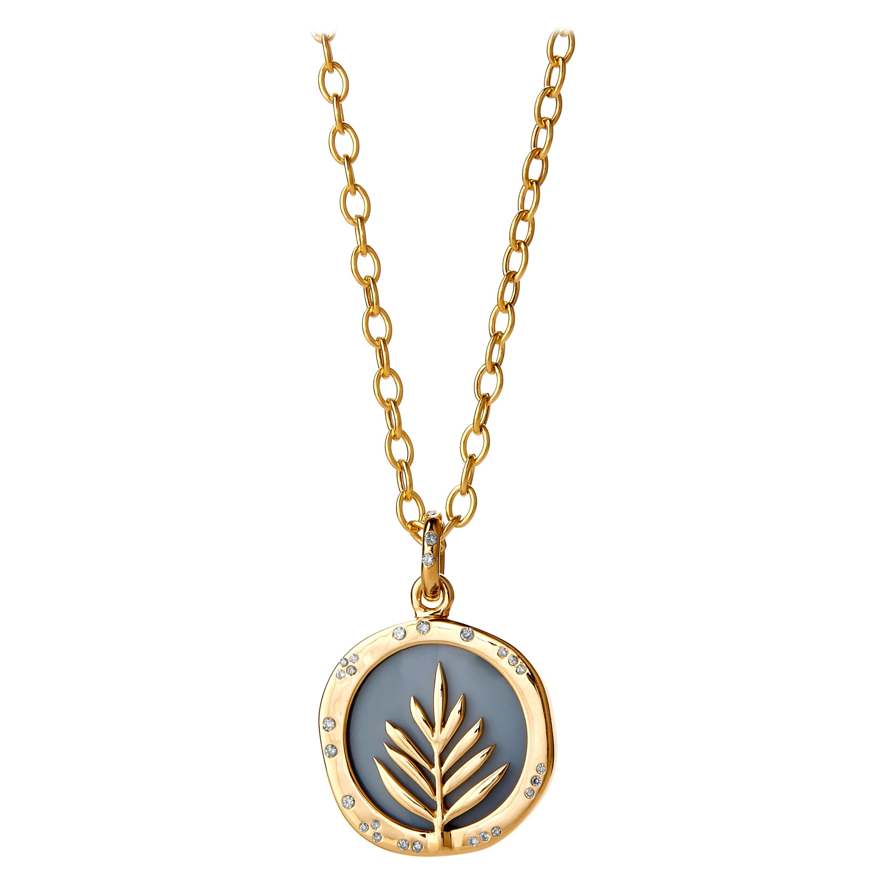 Syna Yellow Gold Blue Agate Reversible Pendant with Champagne Diamonds