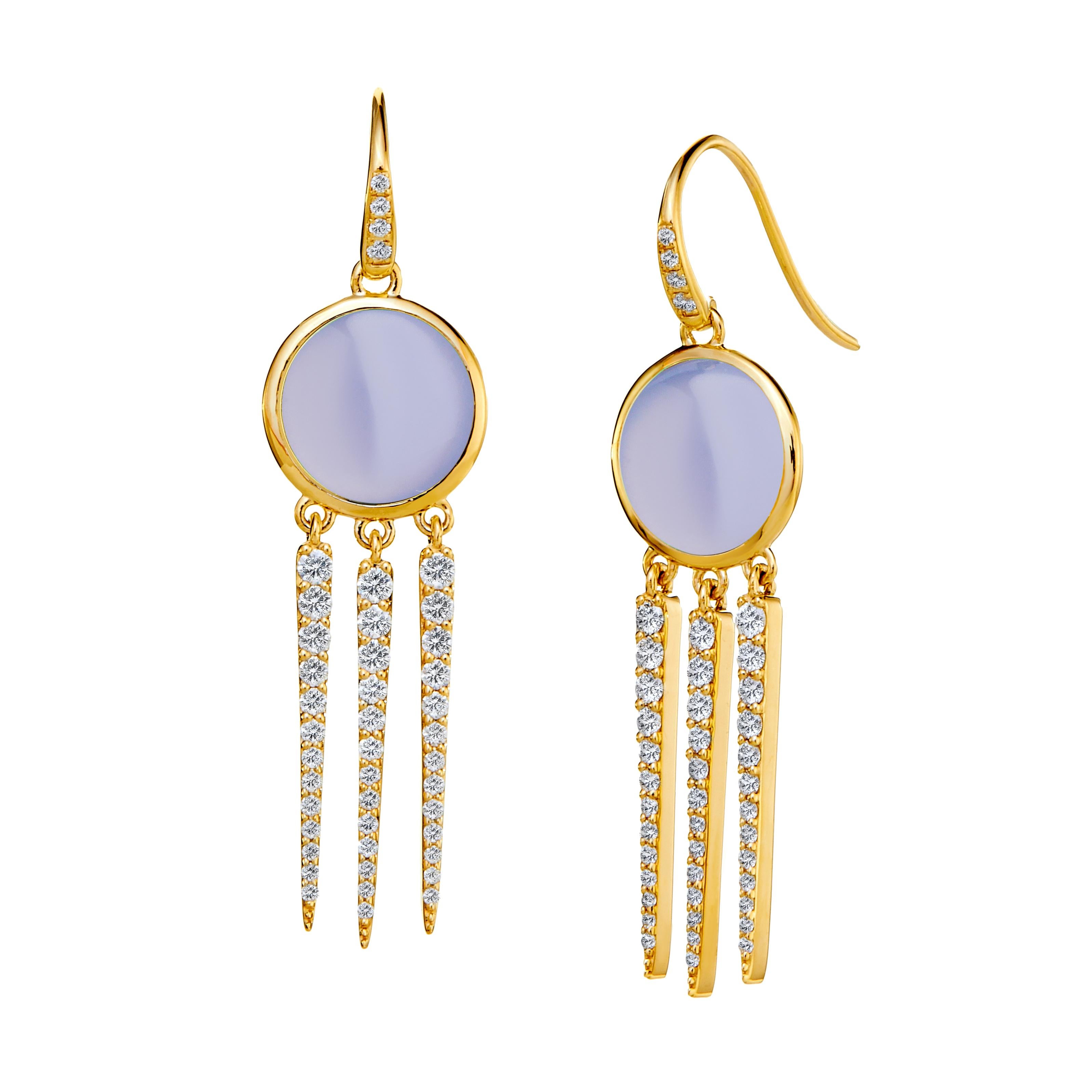 Round Cut Syna Yellow Gold Blue Chalcedony Earrings with Diamonds For Sale