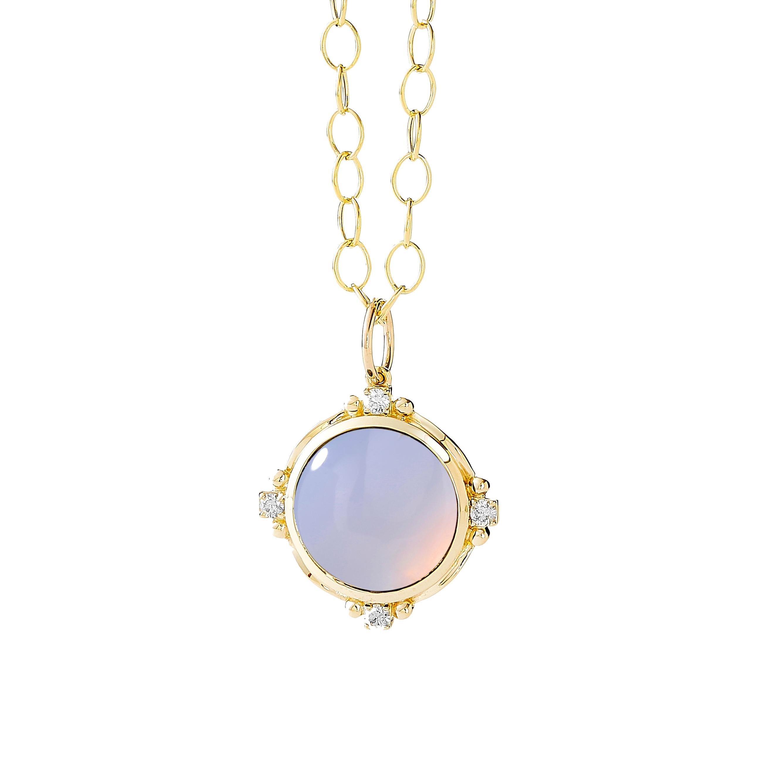 Round Cut Syna Yellow Gold Blue Chalcedony Pendant with Diamonds