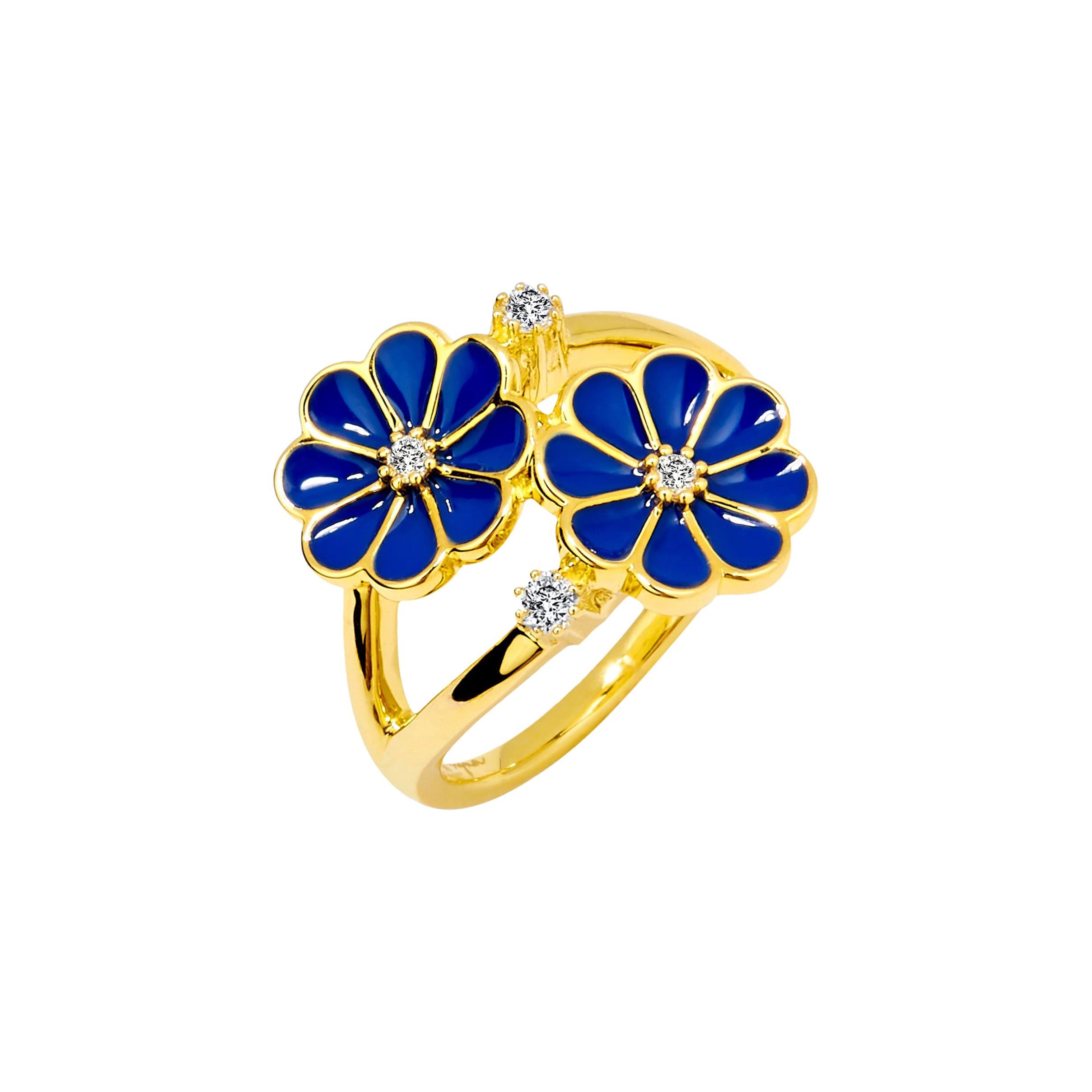 Syna Yellow Gold Blue Enamel Ring with Champagne Diamonds