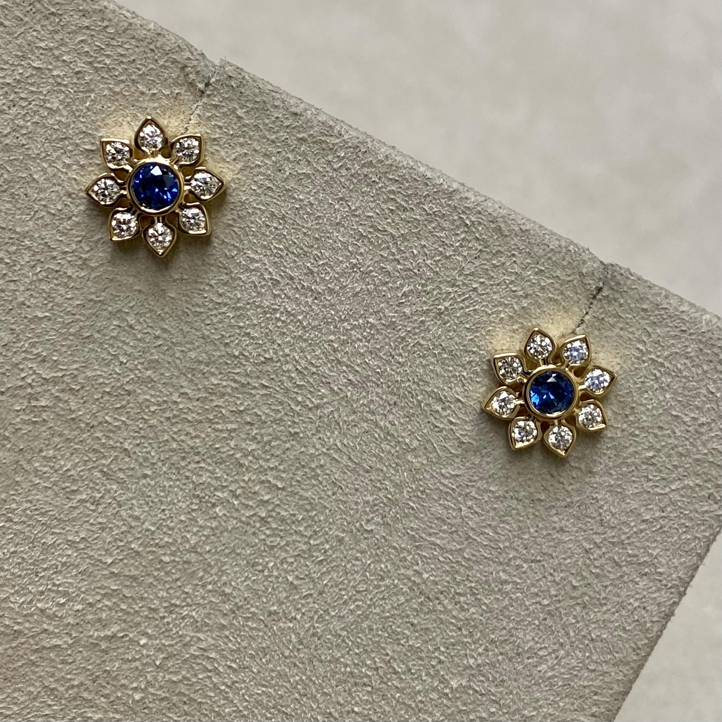 Contemporary Syna Yellow Gold Blue Sapphire and Diamond Earrings For Sale