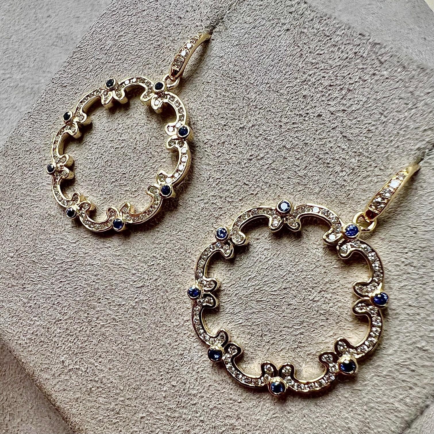 Contemporary Syna Yellow Gold Blue Sapphire and Champagne Diamonds Earrings For Sale