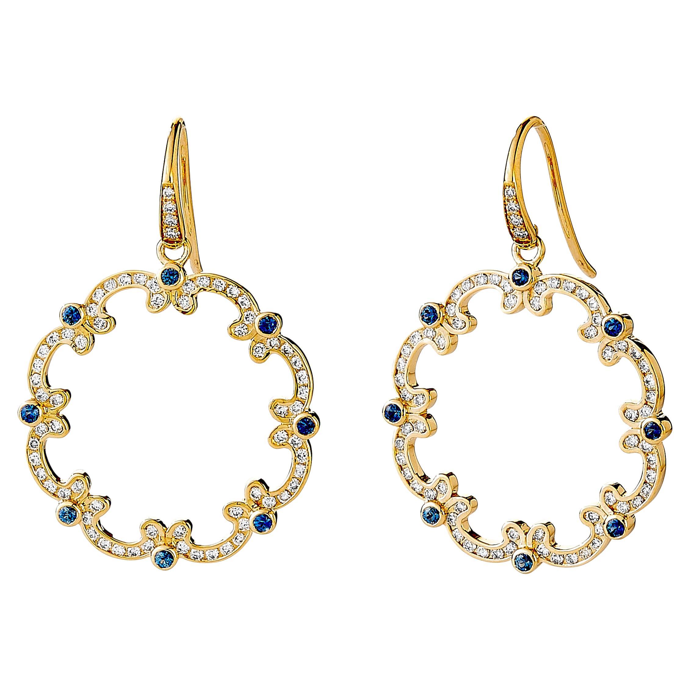 Syna Yellow Gold Blue Sapphire and Champagne Diamonds Earrings For Sale