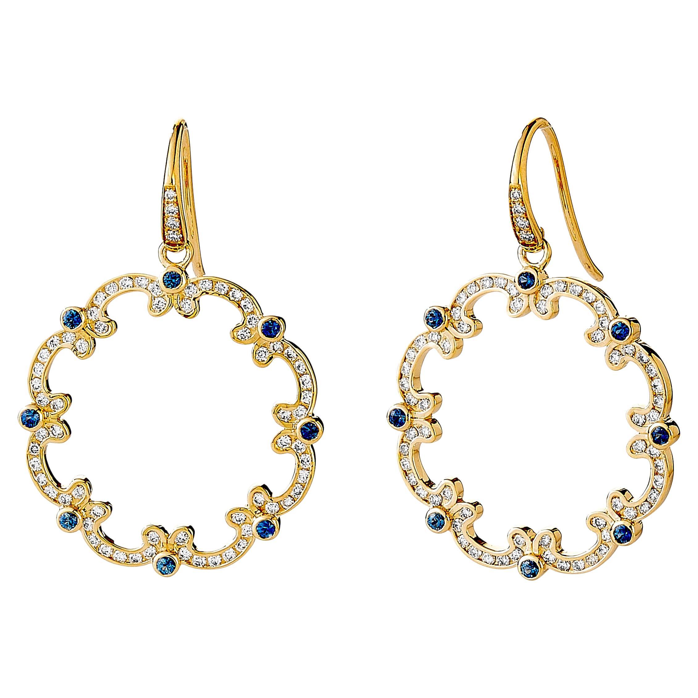 Syna Boucles d'oreilles en or jaune, saphir bleu et diamants champagne