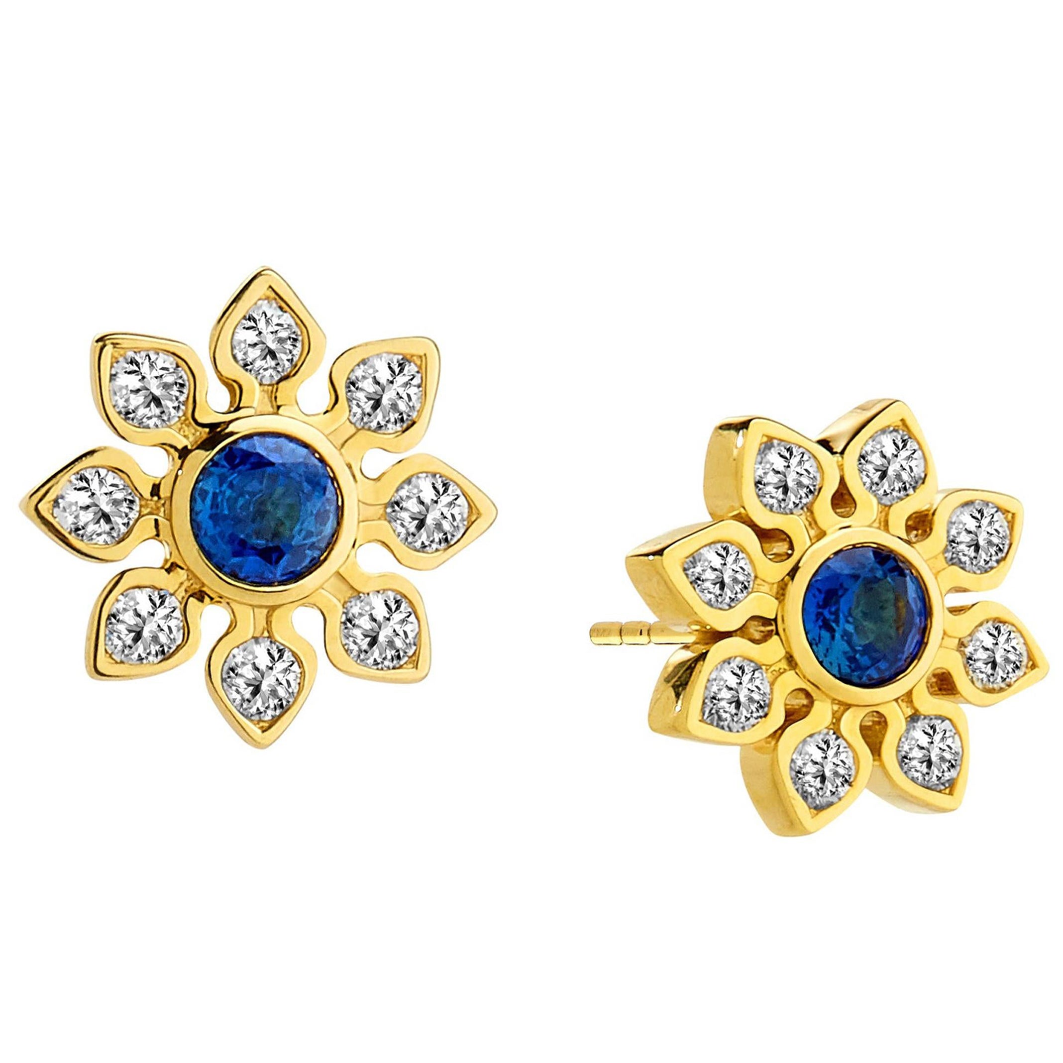 Syna Boucles d'oreilles en or jaune, saphir bleu et diamants