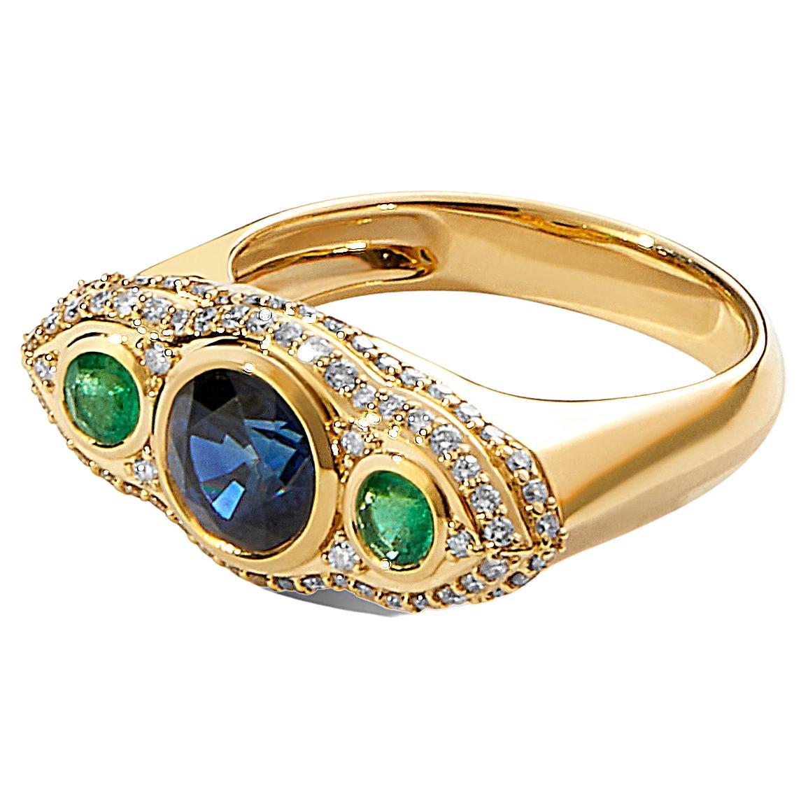 Syna Yellow Gold Blue Sapphire, Emerald and Diamond Ring