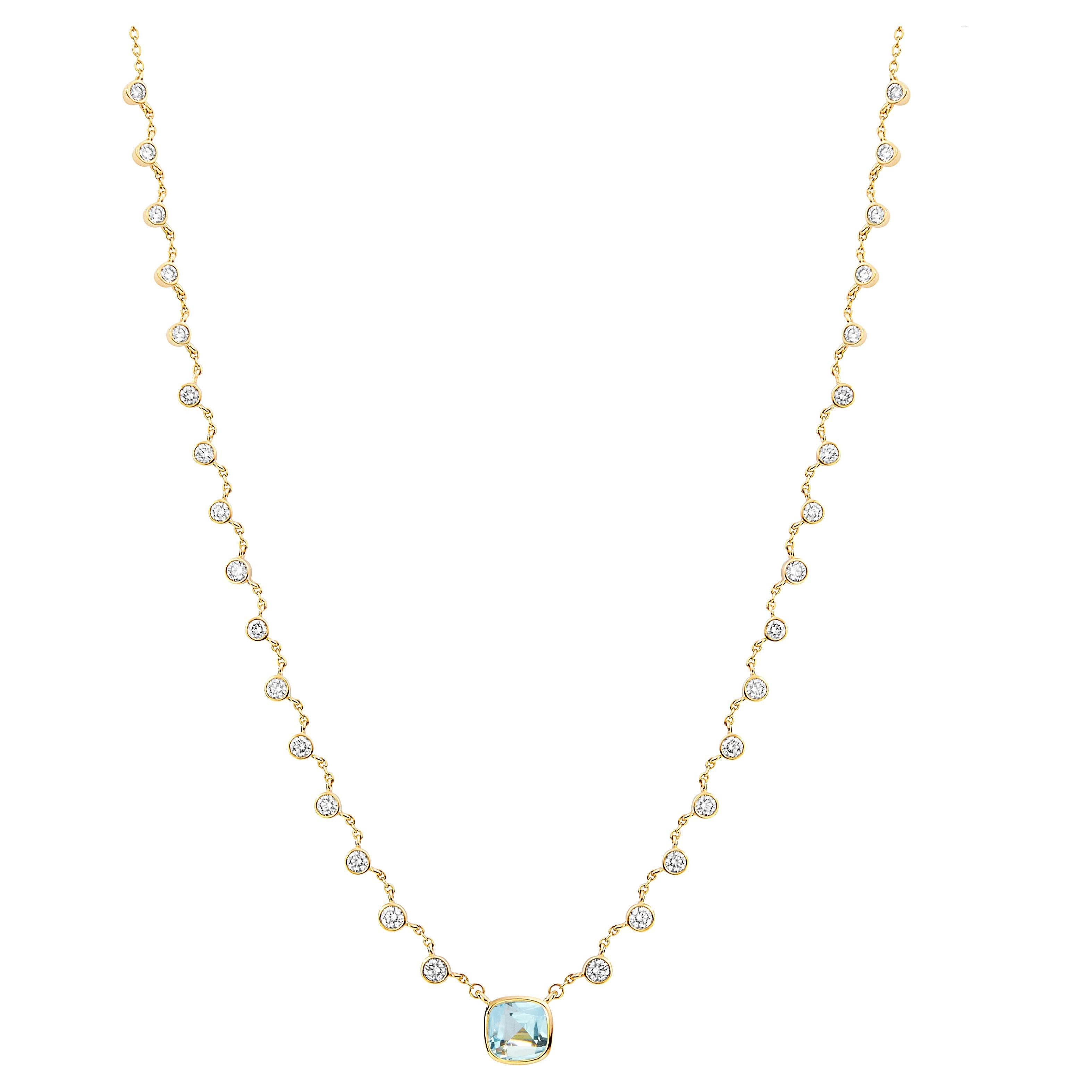 Syna Yellow Gold Blue Topaz and Diamond Cushion Necklace