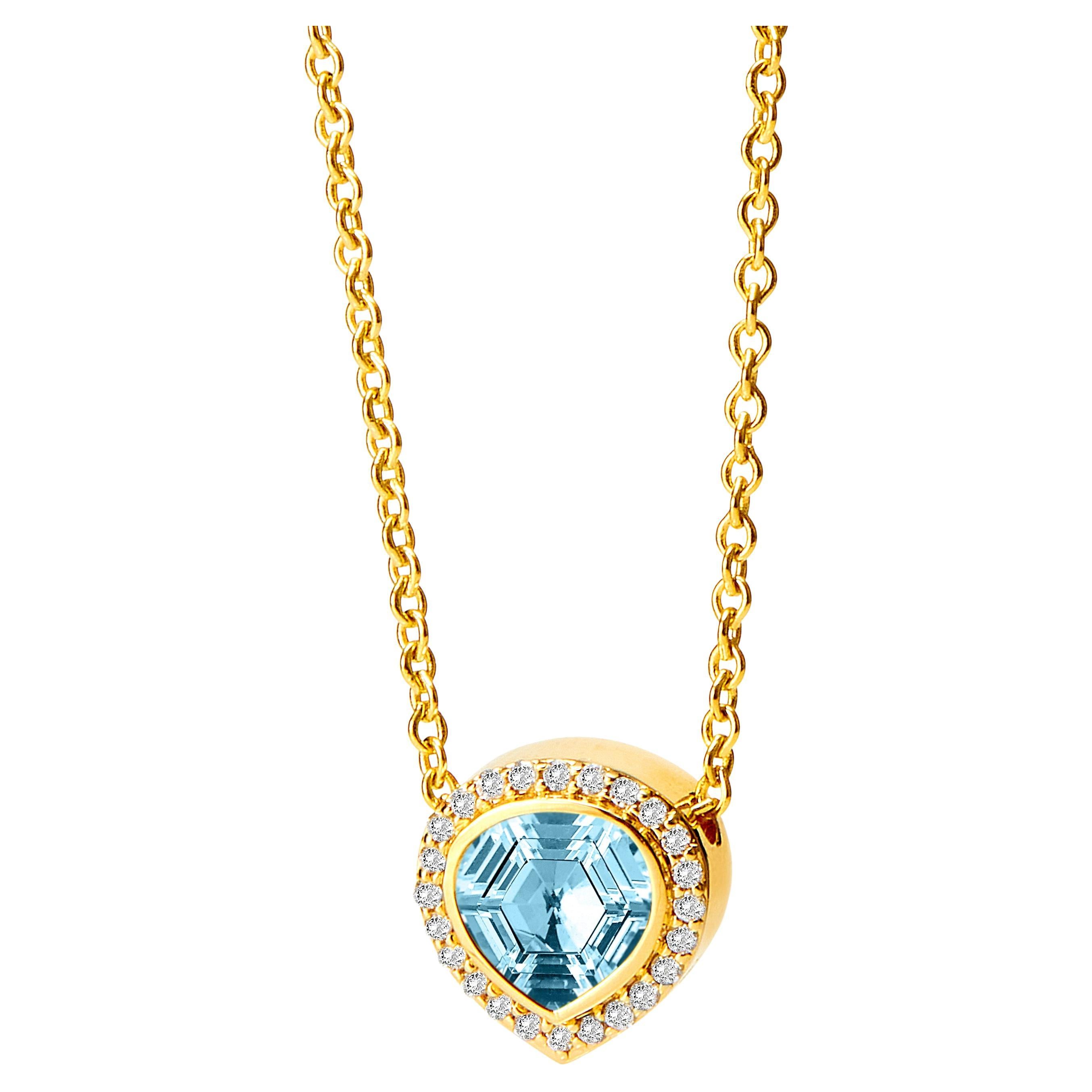 Syna Yellow Gold Blue Topaz and Diamond Necklace For Sale
