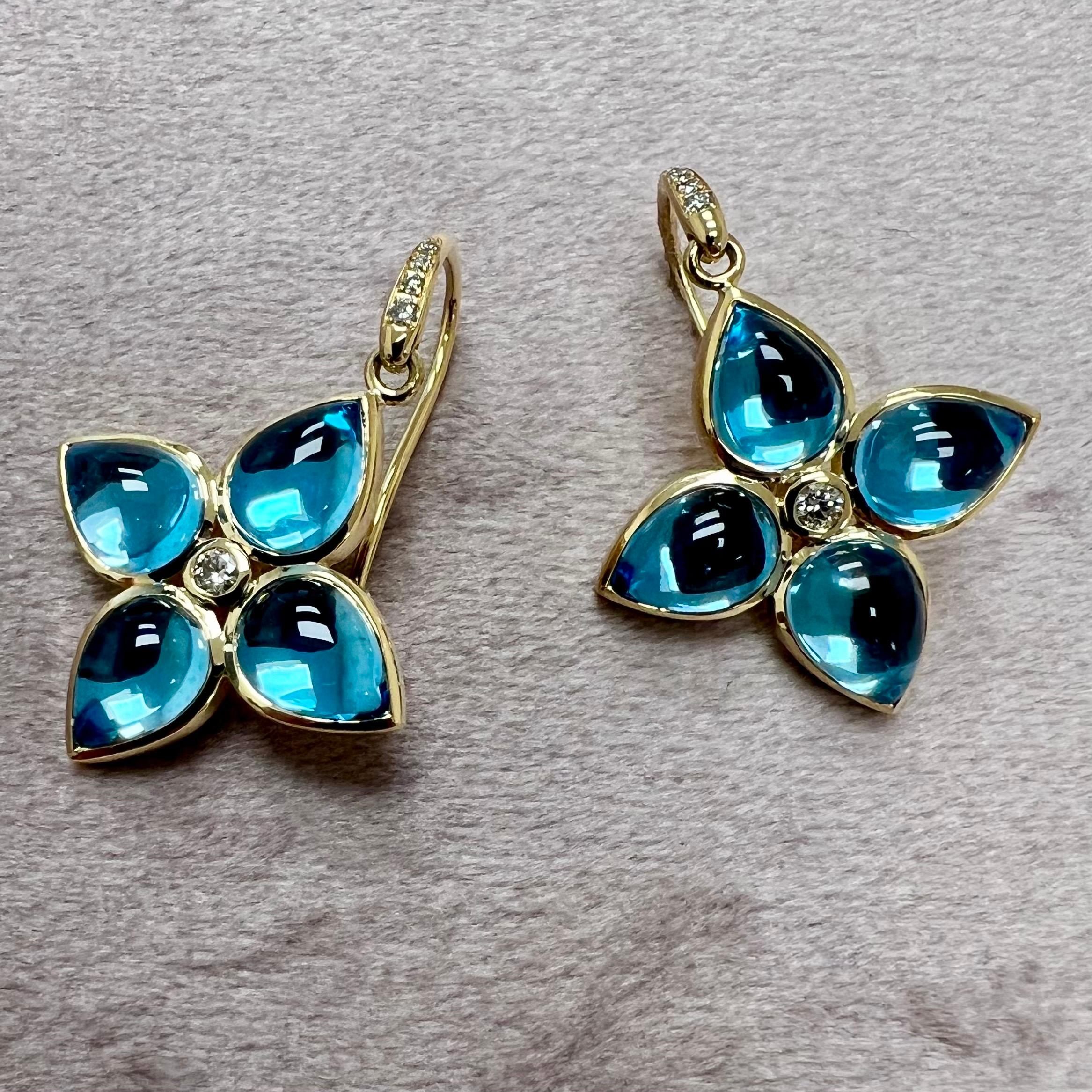 Mixed Cut Syna Yellow Gold Blue Topaz and Diamonds Earrings For Sale