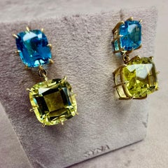 Syna Yellow Gold Blue Topaz and Lemon Quartz Cushion Earrings