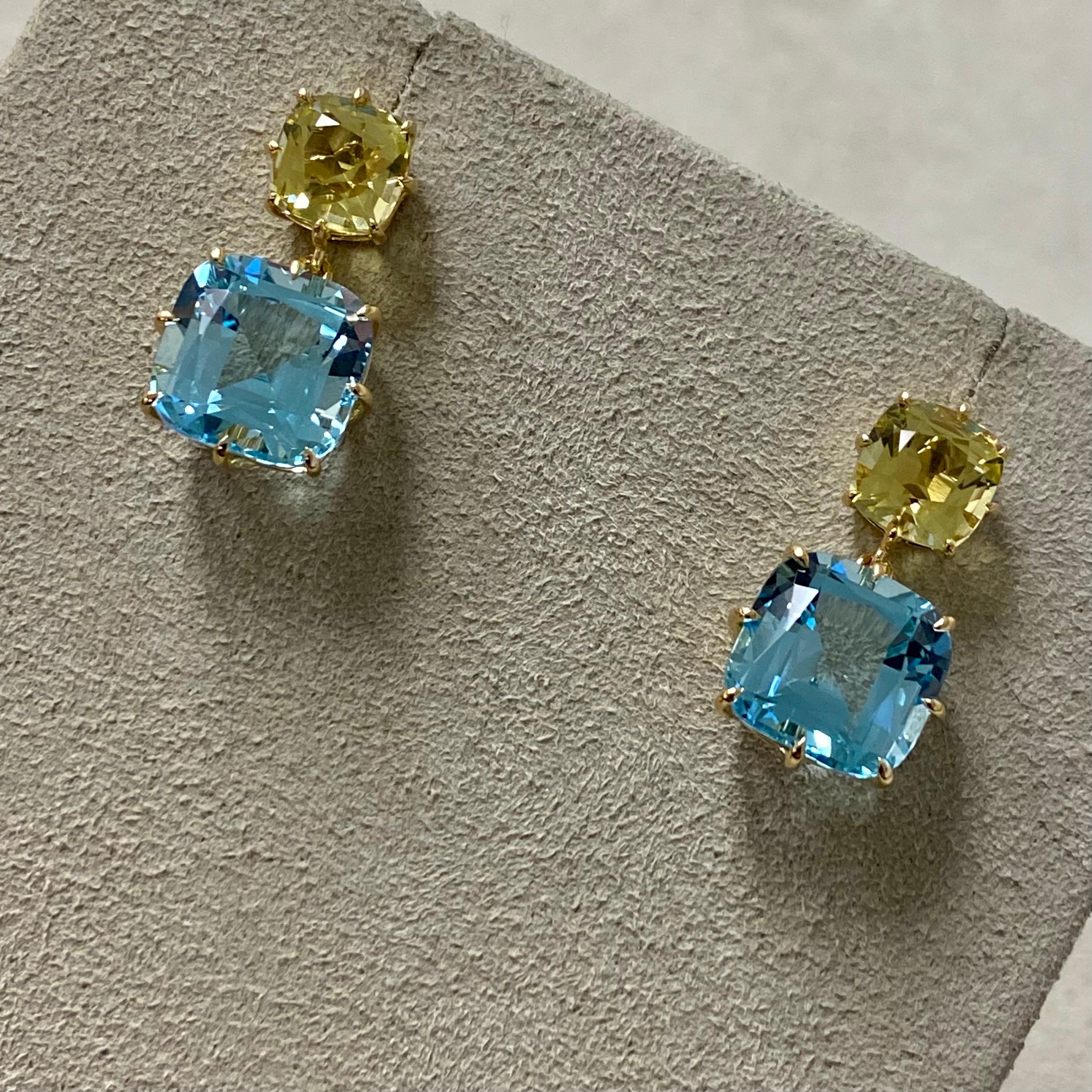 Contemporary Syna Yellow Gold Blue Topaz and Lemon Quartz Cushion Earrings For Sale