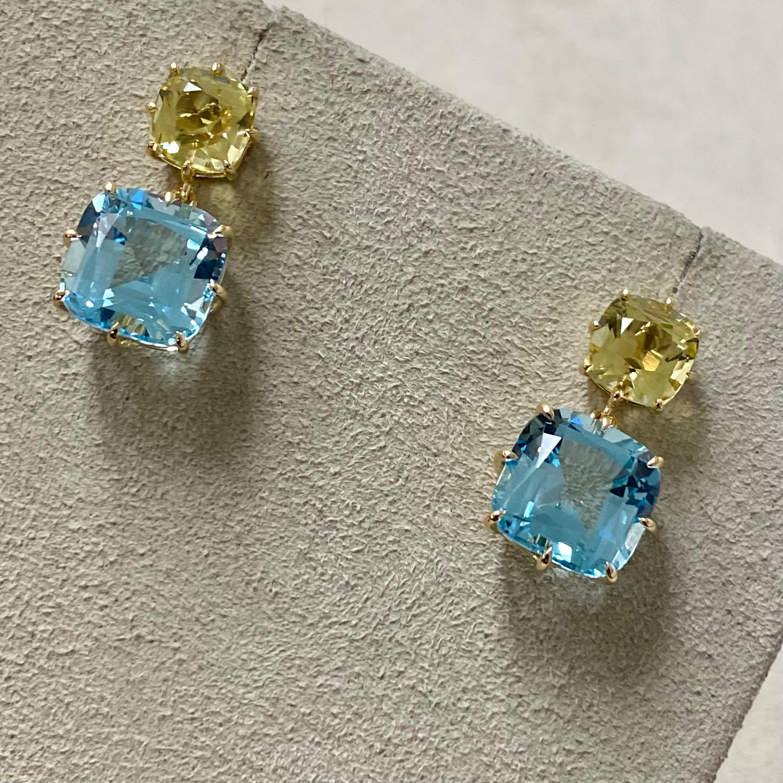 Cushion Cut Syna Yellow Gold Blue Topaz and Lemon Quartz Cushion Earrings For Sale