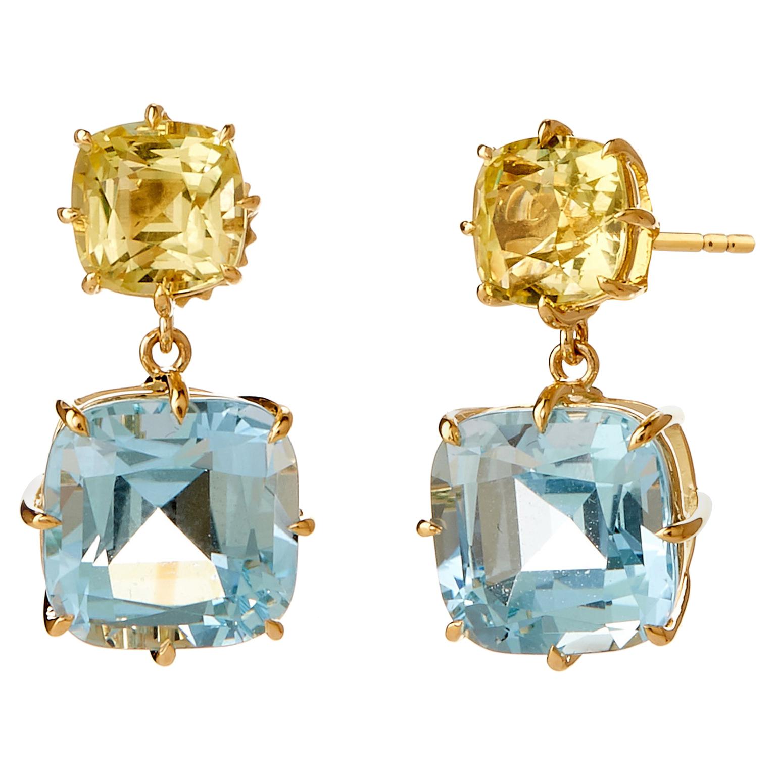 Syna-Ohrringe aus Gelbgold mit blauem Topas und Zitronenquarz im Kissenschliff