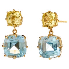 Syna Boucles d'oreilles en or jaune, topaze bleue et quartz citron en forme de coussin