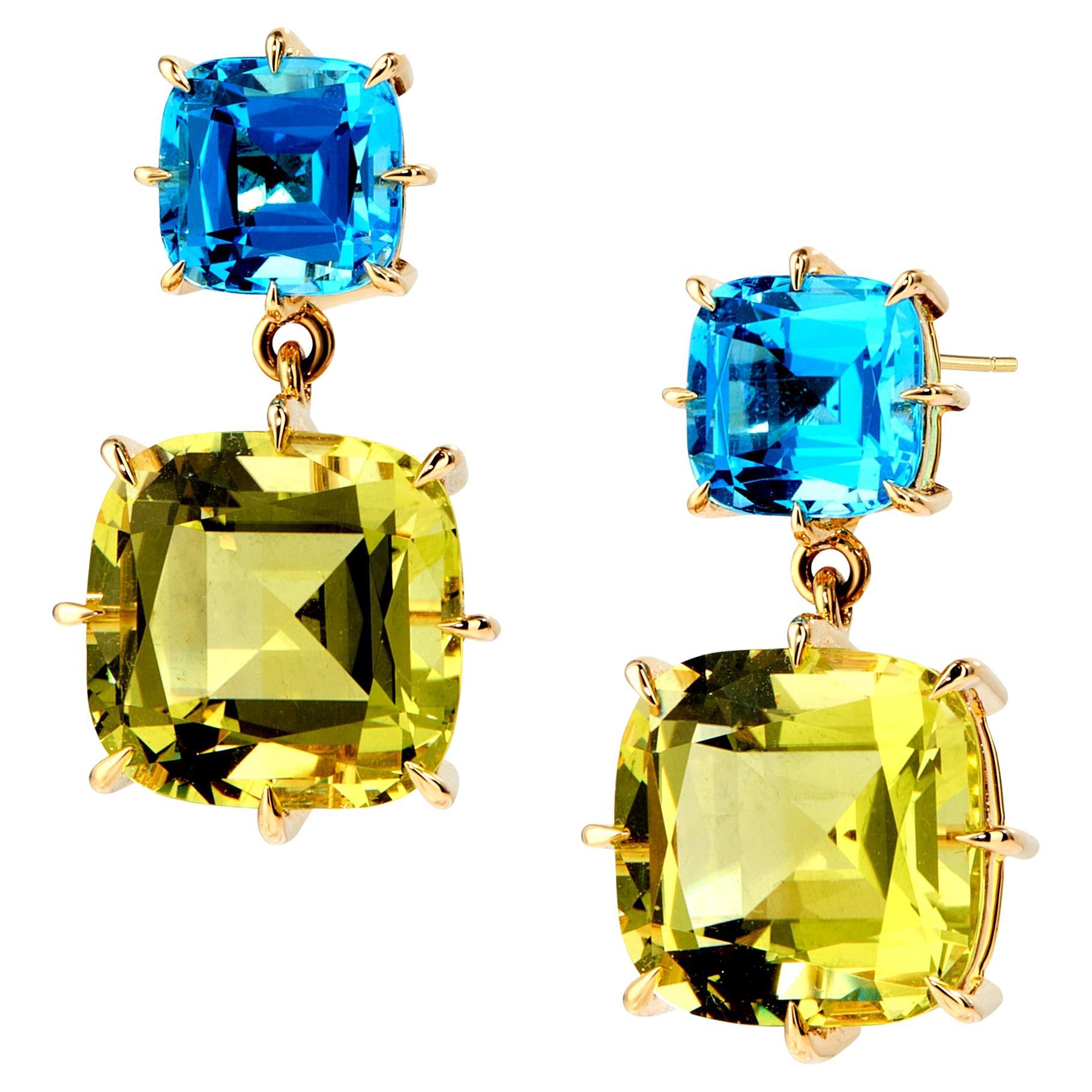 Orecchini a cuscino in oro giallo Syna, topazio blu e quarzo limone
