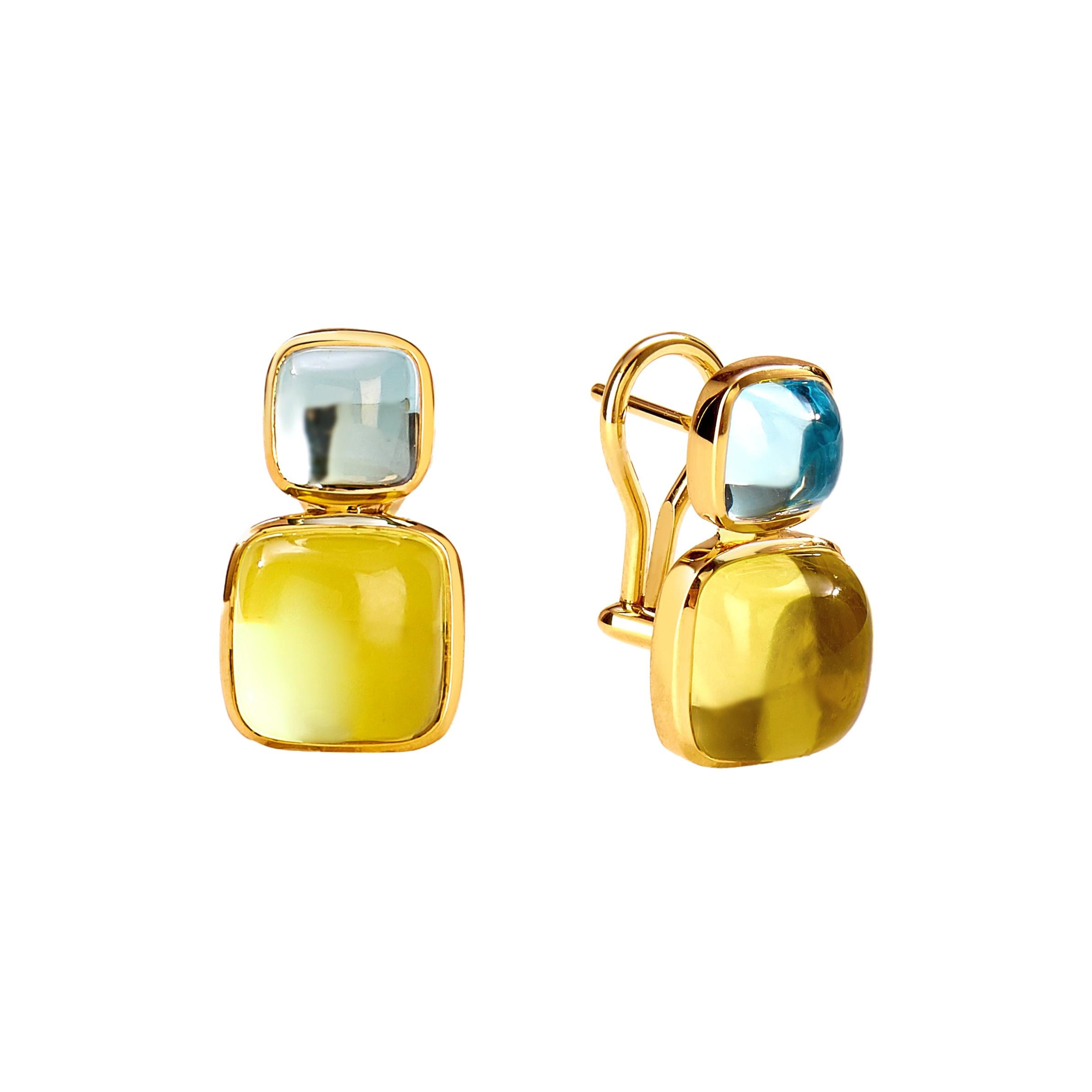 Syna-Ohrringe aus Gelbgold mit blauem Topas und Zitronenquarz im Angebot