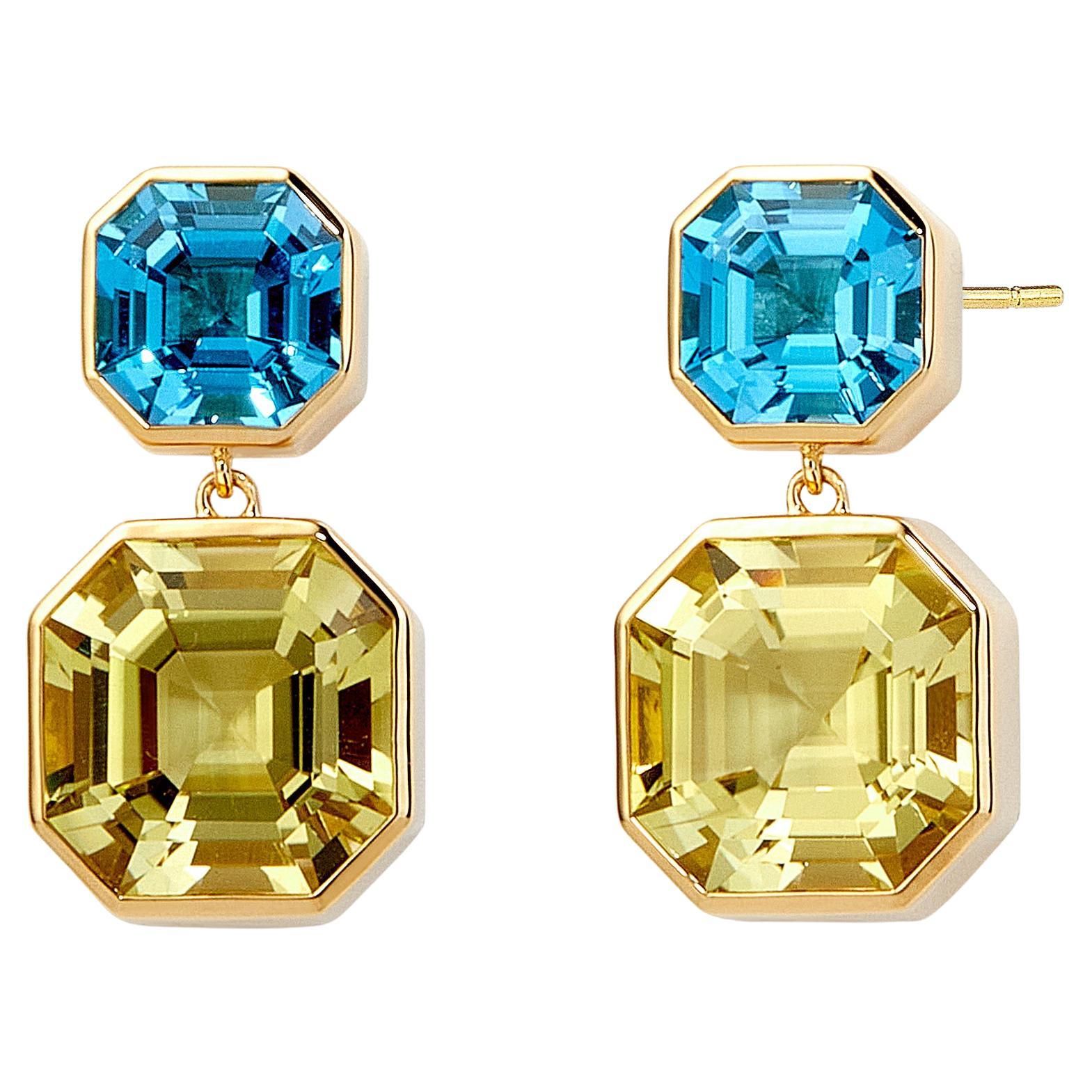 Syna Yellow Gold Blue Topaz and Lemon Quartz Earrings