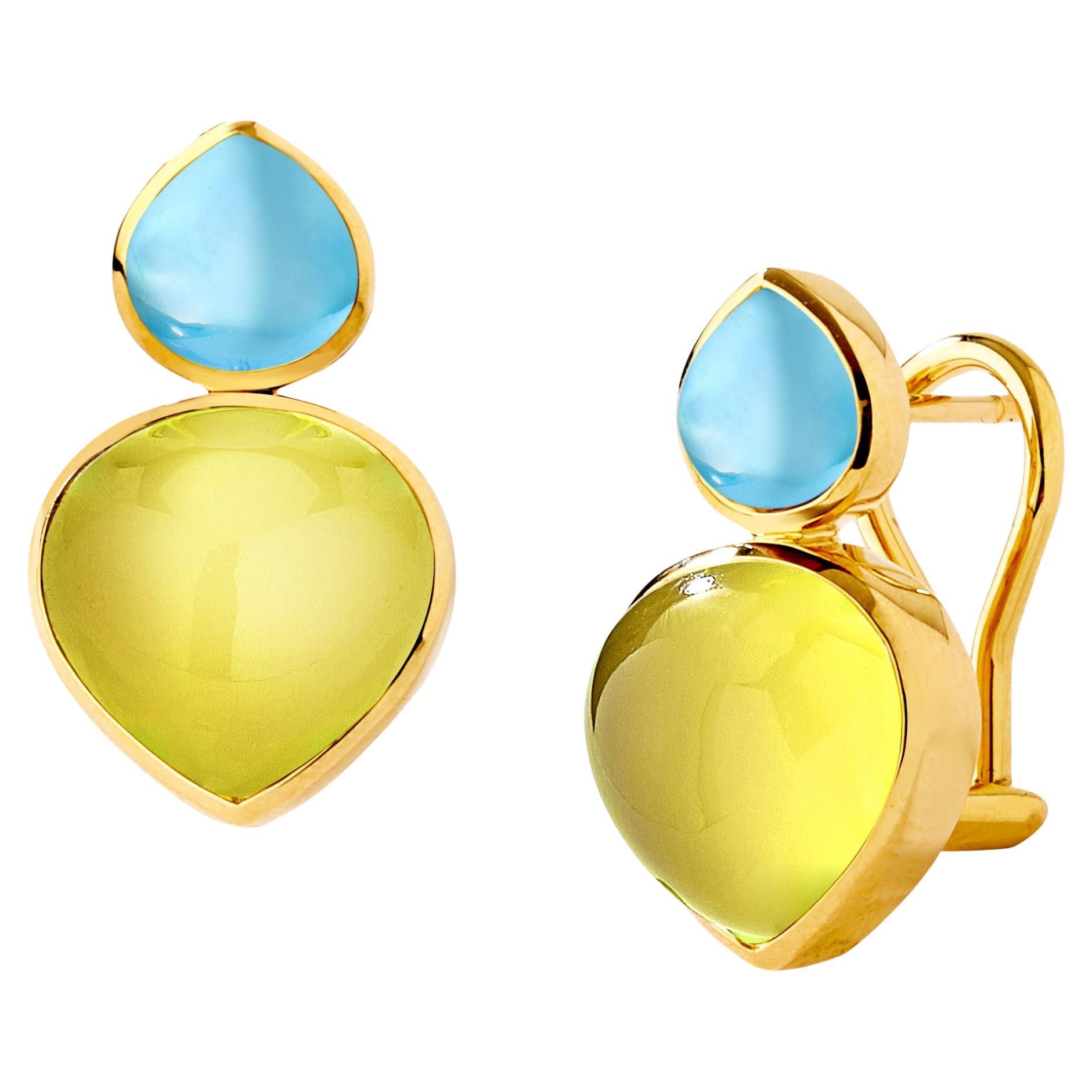 Syna Yellow Gold Blue Topaz and Lemon Quartz Heart Cab Earrings For Sale