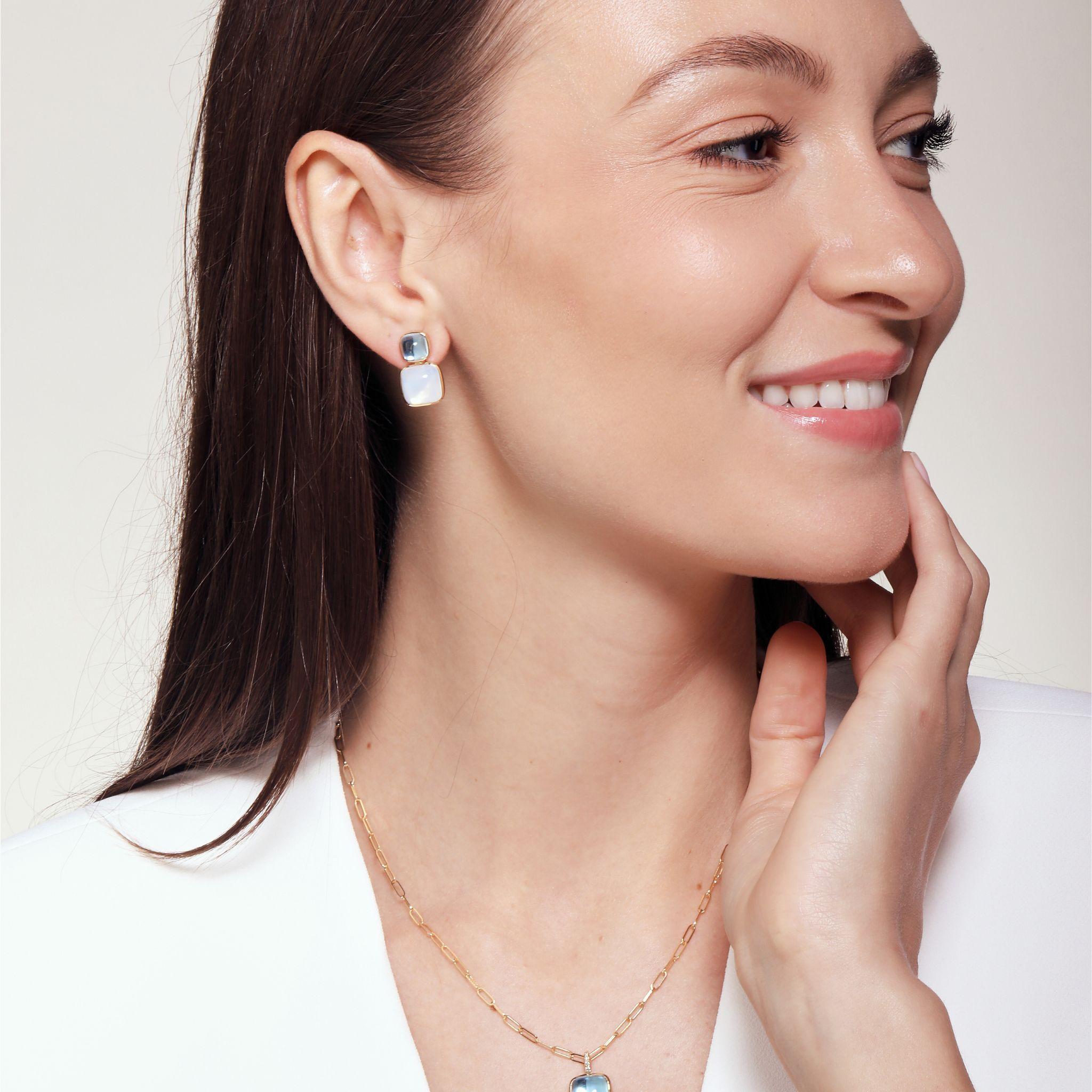 Created in 18kyg
Moon quartz 10 carats approx.
Blue topaz 4.5 carats approx.
Omega clip backs
Limited edition

Exquisitely crafted in 18-karat-gold, these limited-edition earrings feature 10 carats of luminous moon quartz, and 4.5 carats of