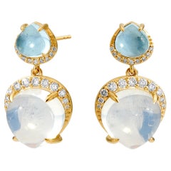 Syna Boucles d'oreilles en or jaune, topaze bleue et quartz de lune avec diamants