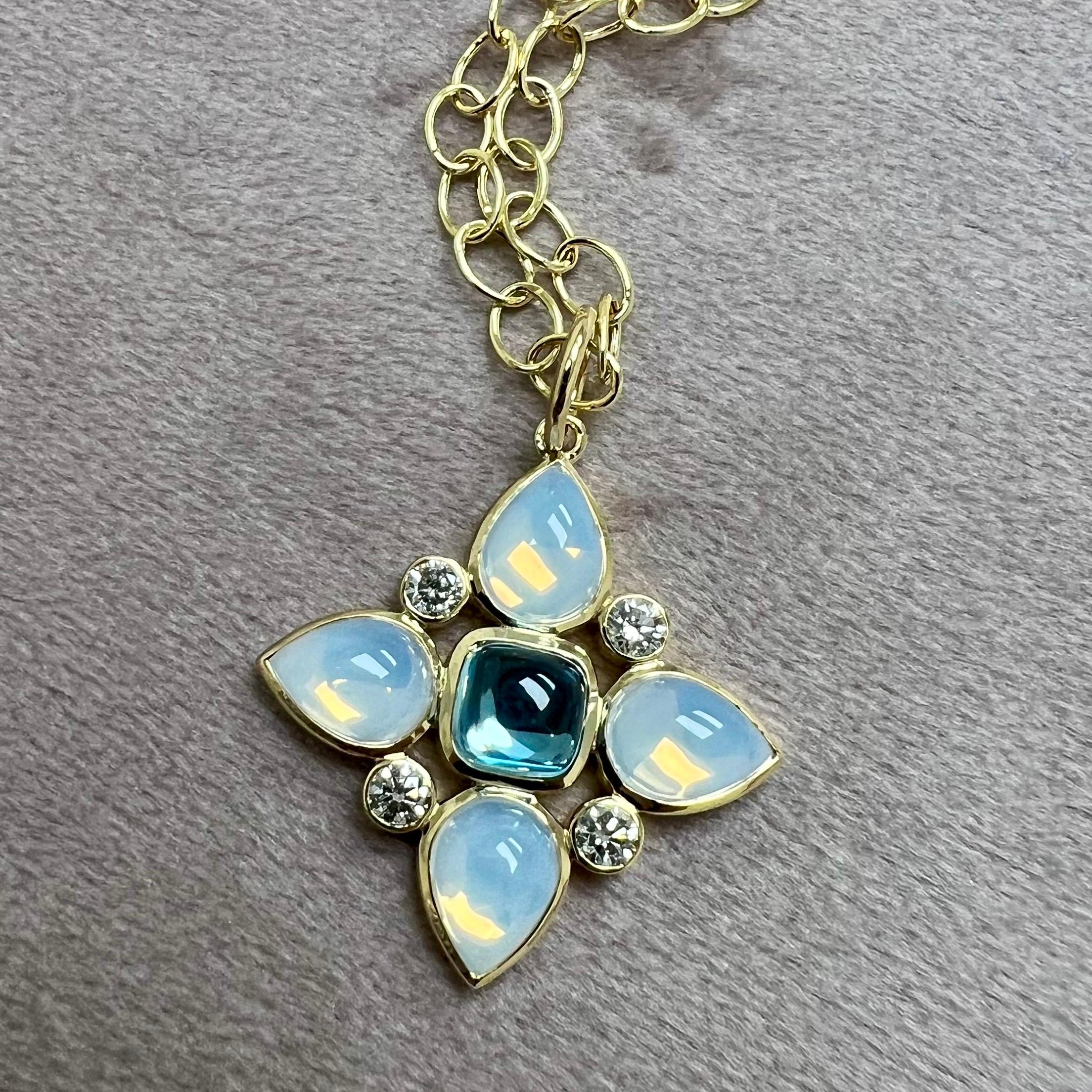 Mixed Cut Syna Yellow Gold Blue Topaz and Moon Quartz Flower Pendant with Diamonds For Sale