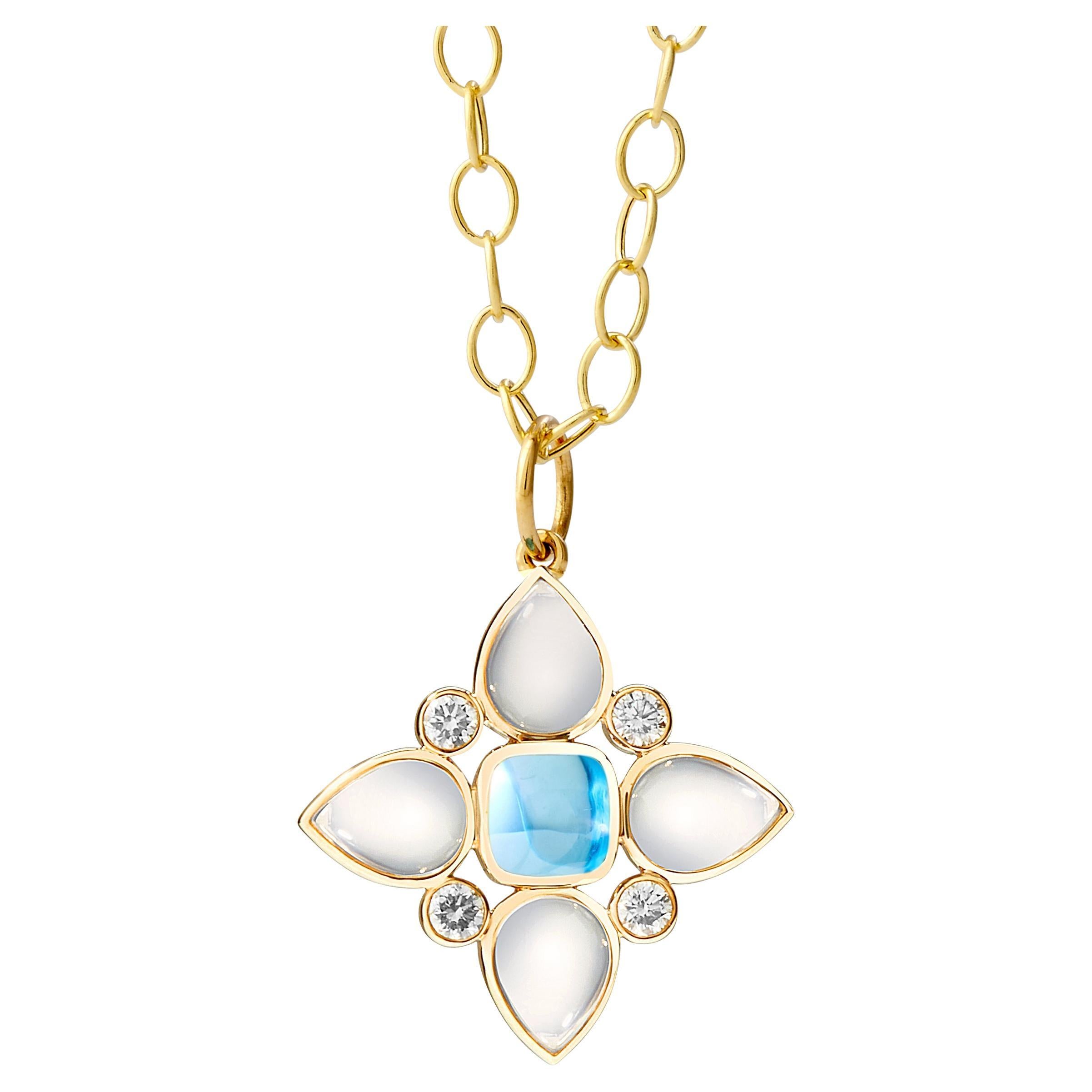 Syna Yellow Gold Blue Topaz and Moon Quartz Flower Pendant with Diamonds For Sale