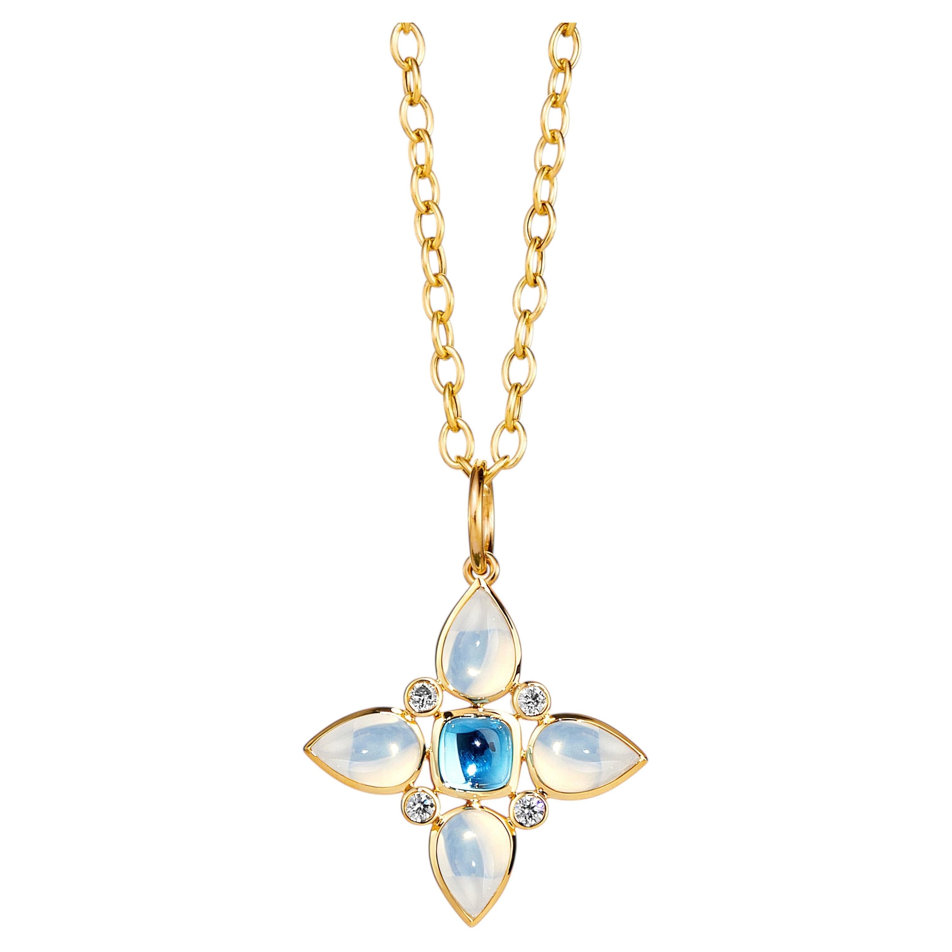 Pendentif fleur Syna en or jaune, topaze bleue et quartz de lune avec diamants
