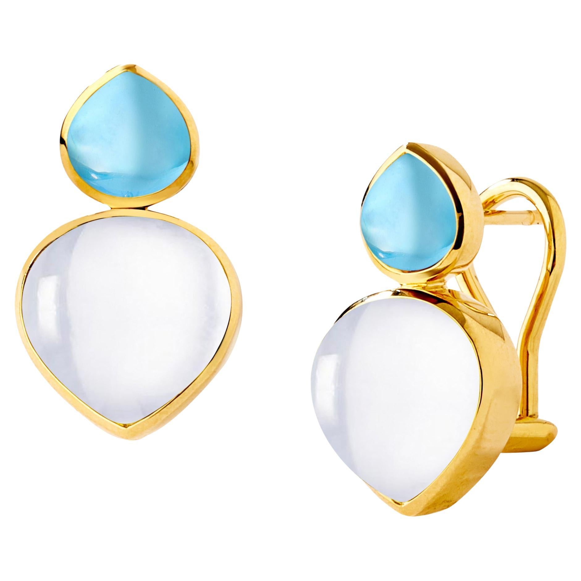 Syna Yellow Gold Blue Topaz and Moon Quartz Heart Cab Earrings