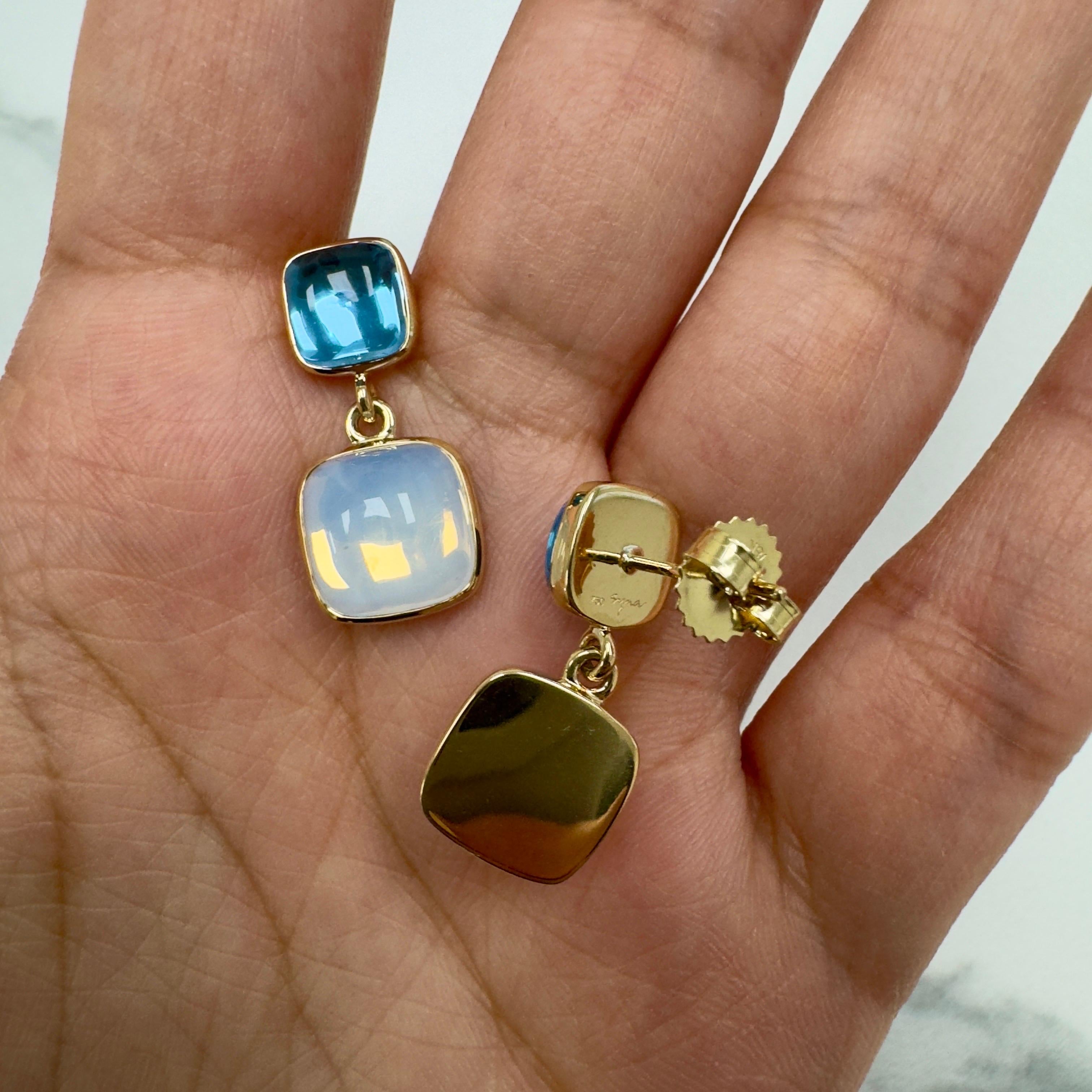 Pendientes Pan de Azúcar de Oro Amarillo Syna Topacio Azul y Cuarzo Lunar Contemporáneo en venta