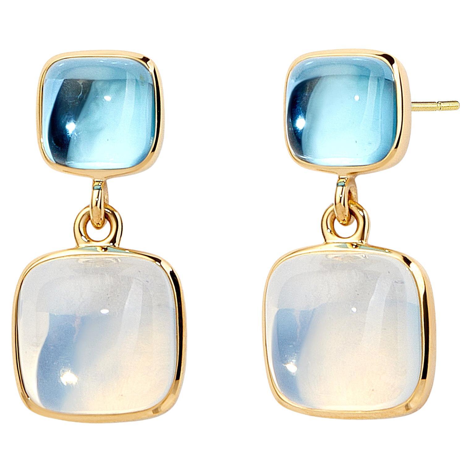 Syna Yellow Gold Blue Topaz and Moon Quartz Sugarloaf Earrings