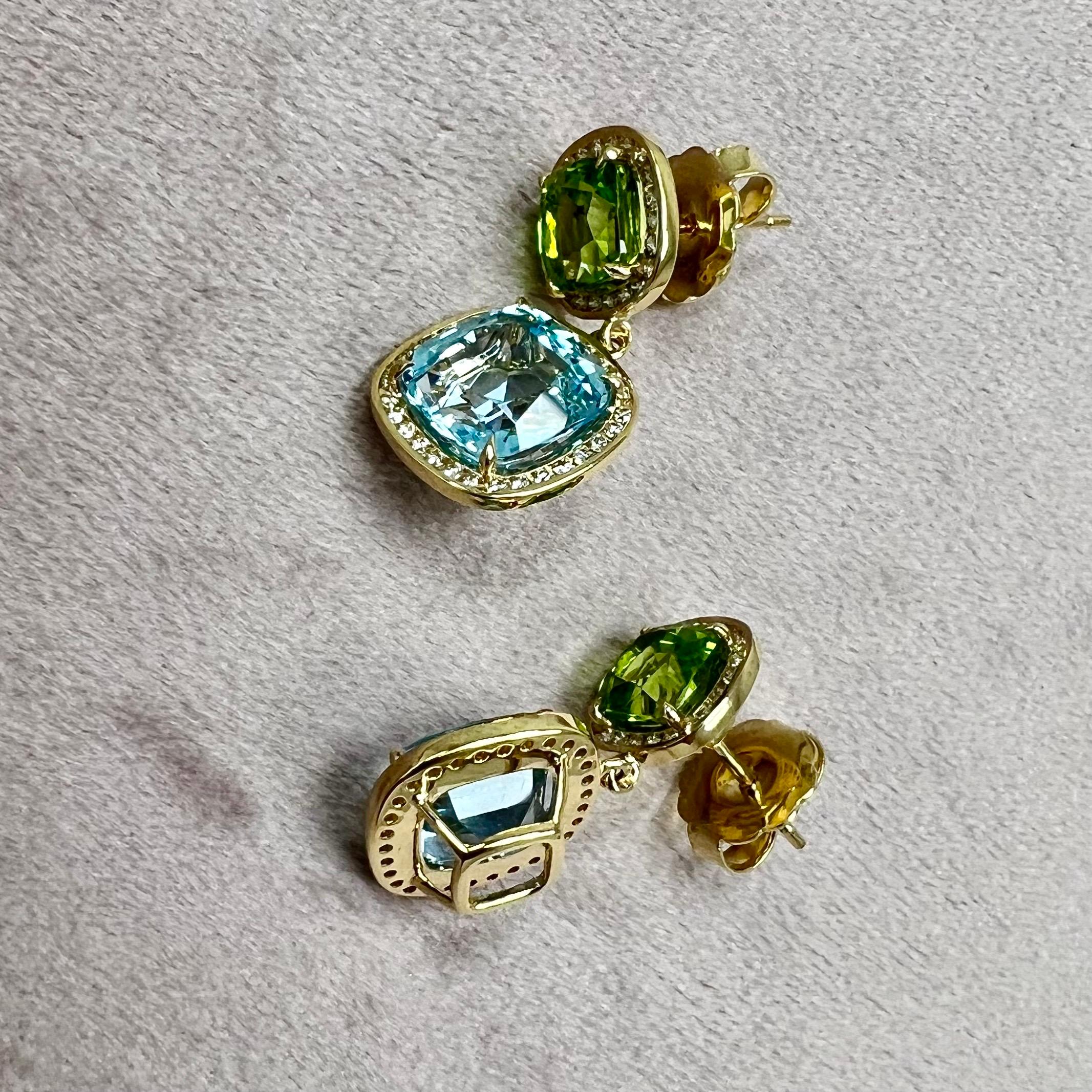 Pendientes de oro amarillo Syna Topacio azul y diamante peridoto Contemporáneo en venta