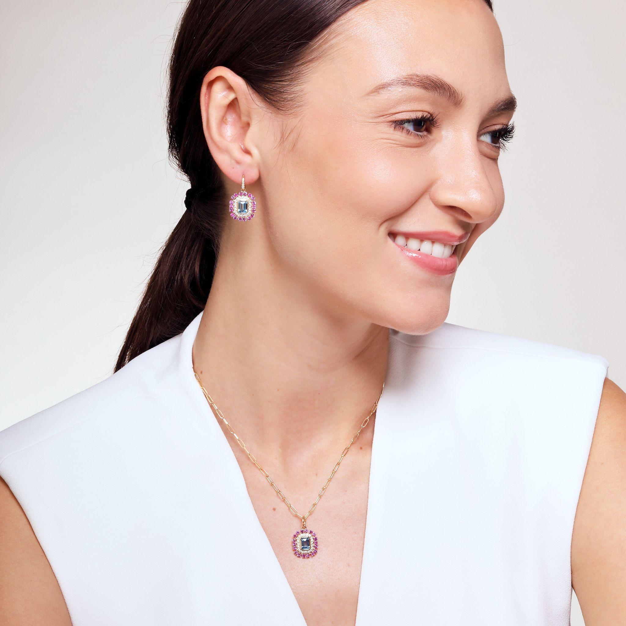 Contemporary Syna Yellow Gold Blue Topaz and Pink Sapphire Earrings with Diamonds For Sale