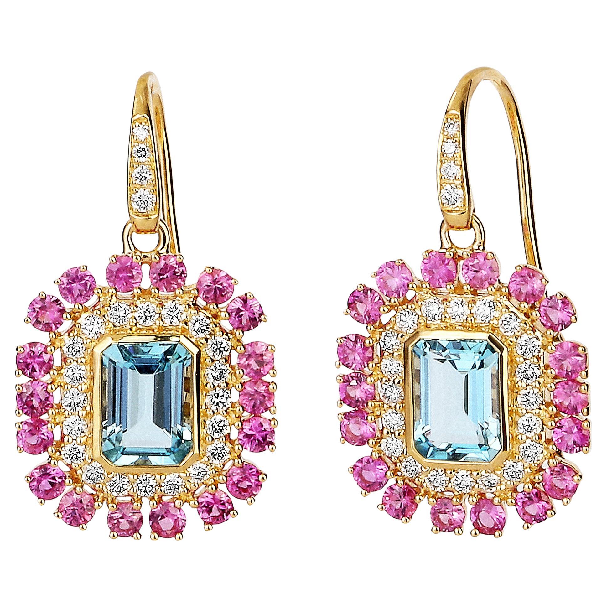 Boucles d'oreilles en or jaune Syna Topaze bleue et saphir rose avec diamants en vente