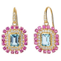 Boucles d'oreilles en or jaune Syna Topaze bleue et saphir rose avec diamants