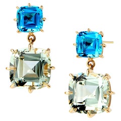 Syna Yellow Gold Blue Topaz and Praseolite Quartz Cushion Earrings