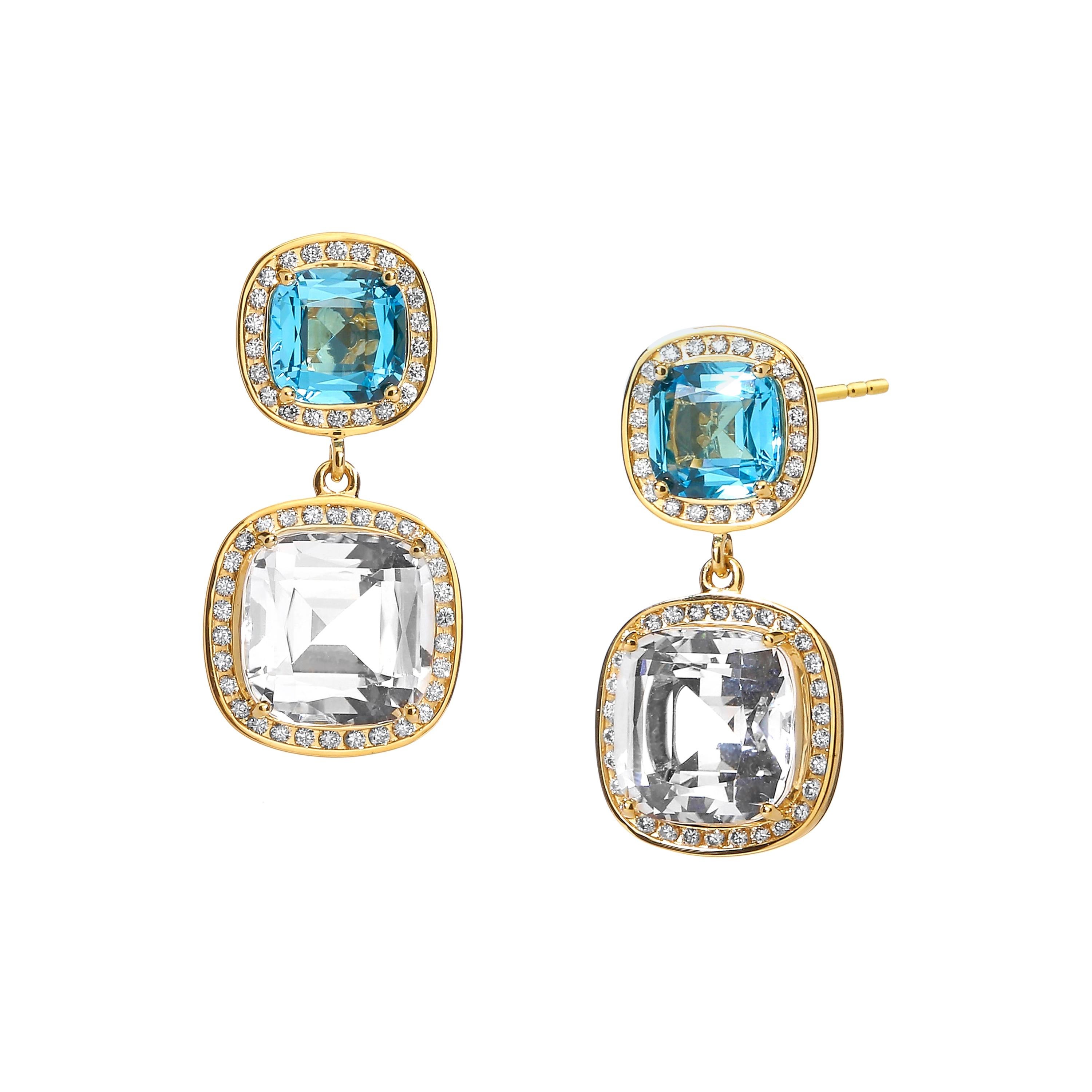Syna Yellow Gold Blue Topaz and Rock Crystal Champagne Diamond Earrings