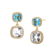 Syna Boucles d'oreilles en or jaune, topaze bleue et diamant en cristal de roche