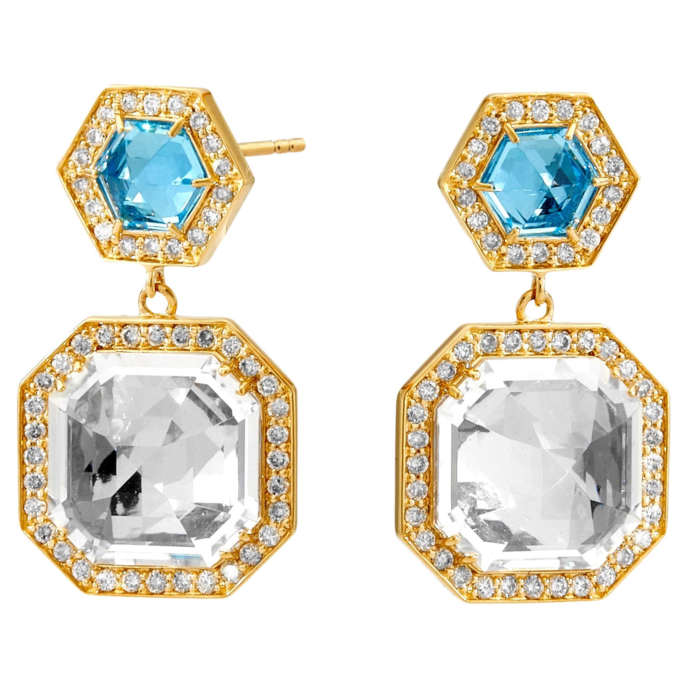 Syna Boucles d'oreilles en or jaune, topaze bleue et cristal de roche géométrique avec diamants