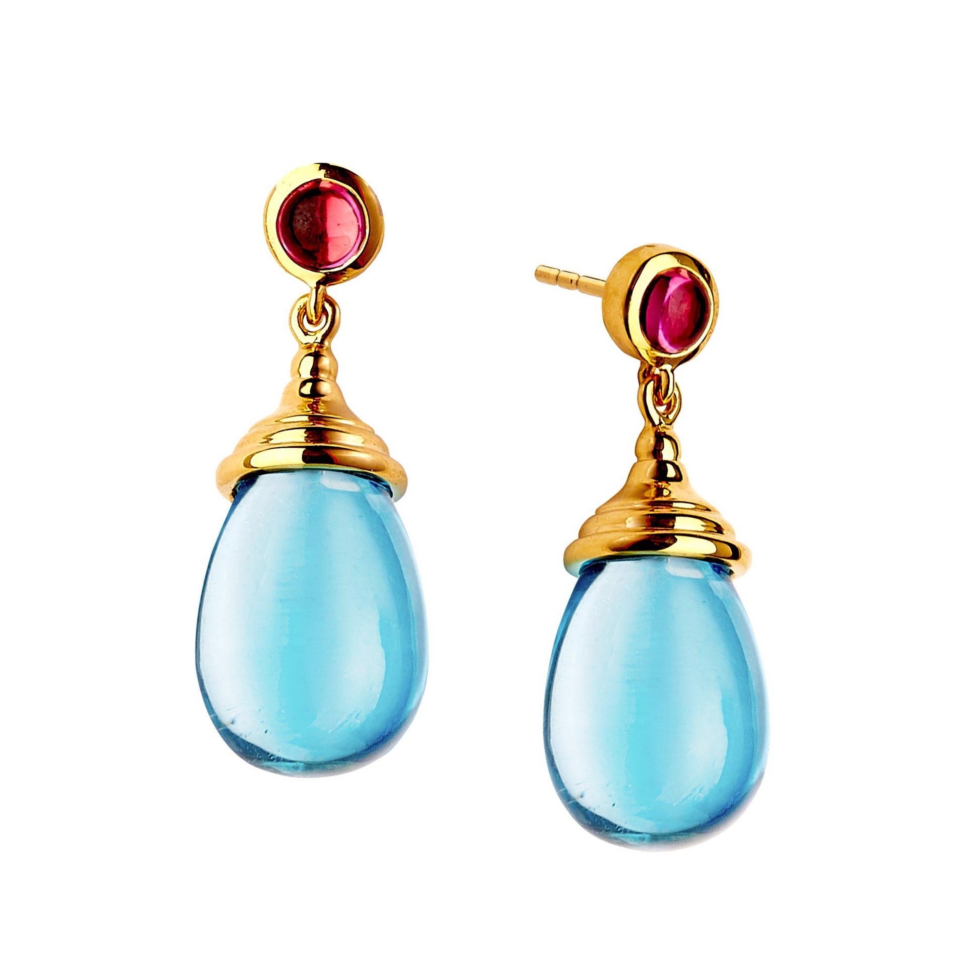 Syna Yellow Gold Blue Topaz and Rubellite Mogul Drop Earrings