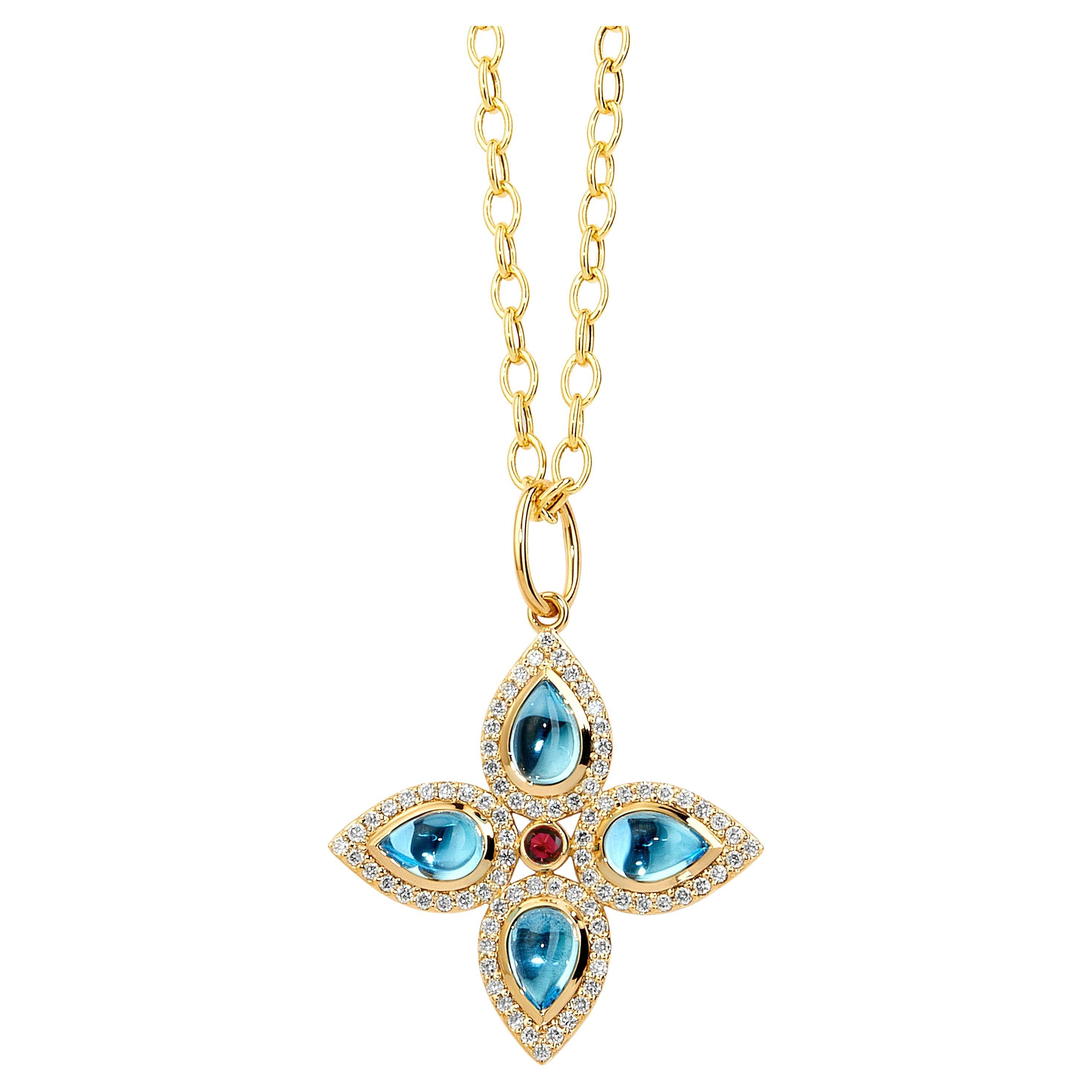 Syna Yellow Gold Blue Topaz and Ruby Pendant with Diamonds