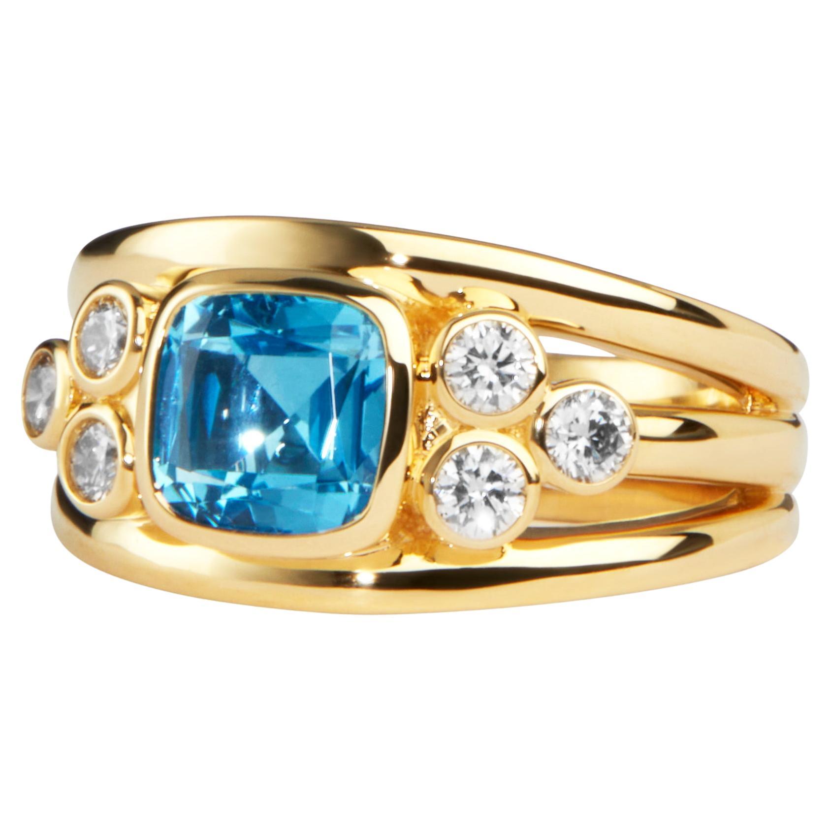 Syna Yellow Gold Blue Topaz Band with Diamonds