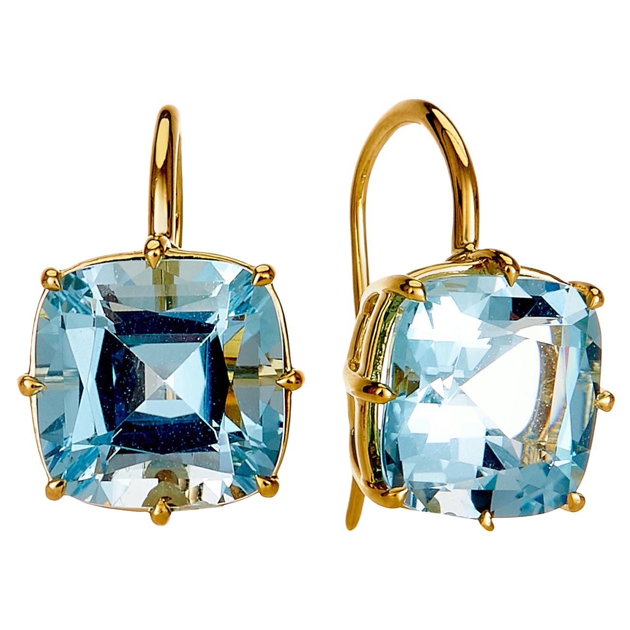 Syna Yellow Gold Blue Topaz Cushion Earrings For Sale