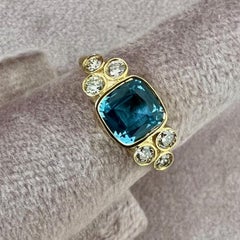 Syna Yellow Gold Blue Topaz Cushion Ring with Diamonds
