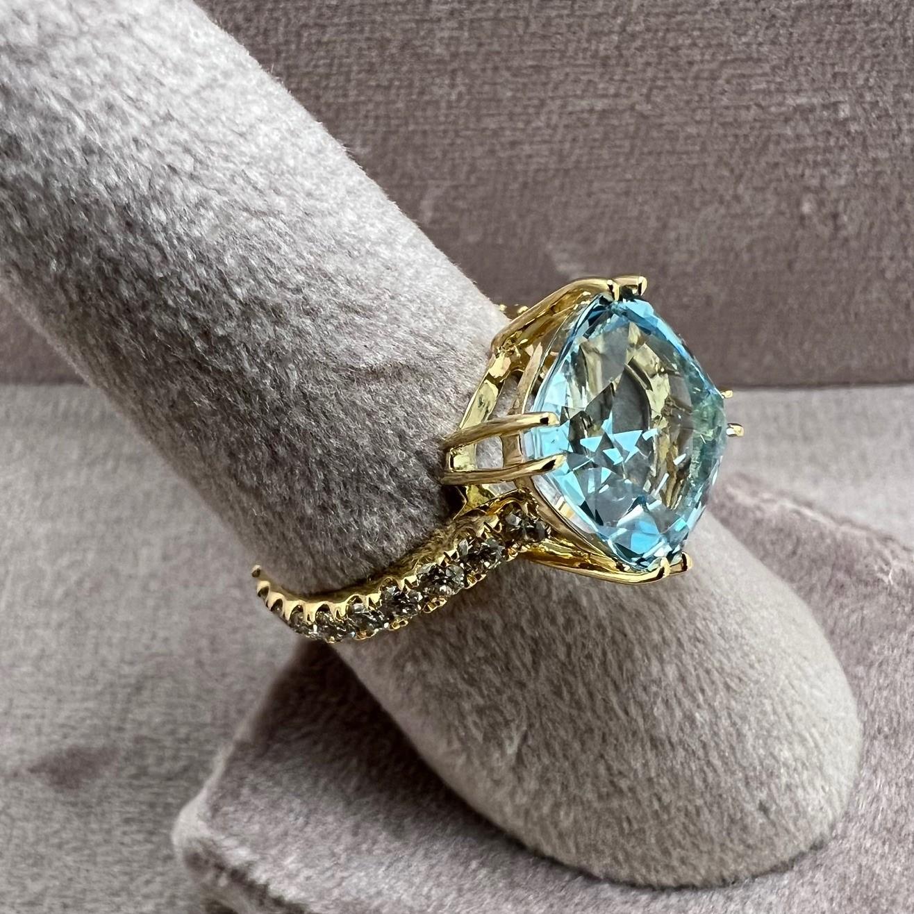 Contemporary Syna Yellow Gold Blue Topaz Cushion Ring with Diamonds For Sale