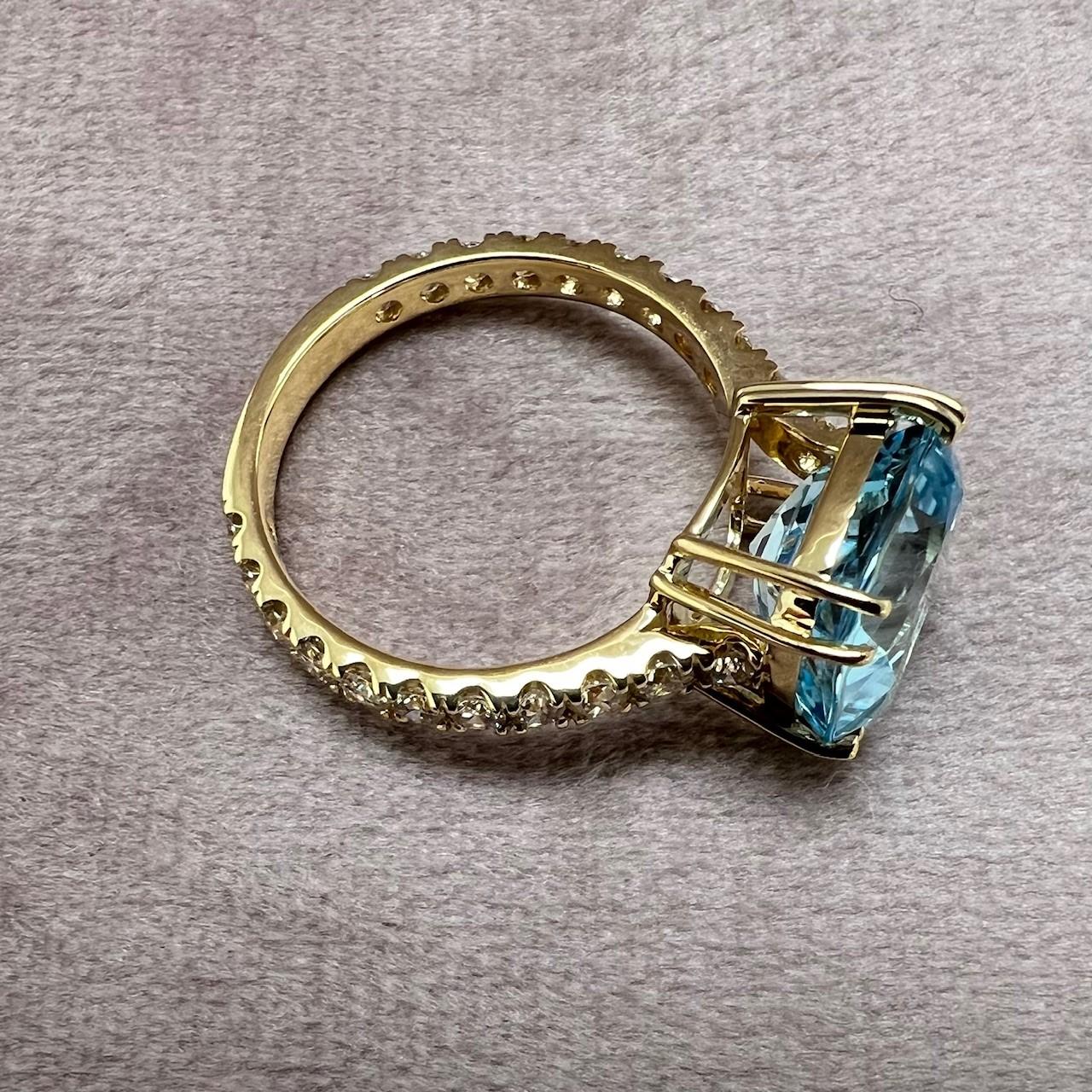 Mixed Cut Syna Yellow Gold Blue Topaz Cushion Ring with Diamonds For Sale