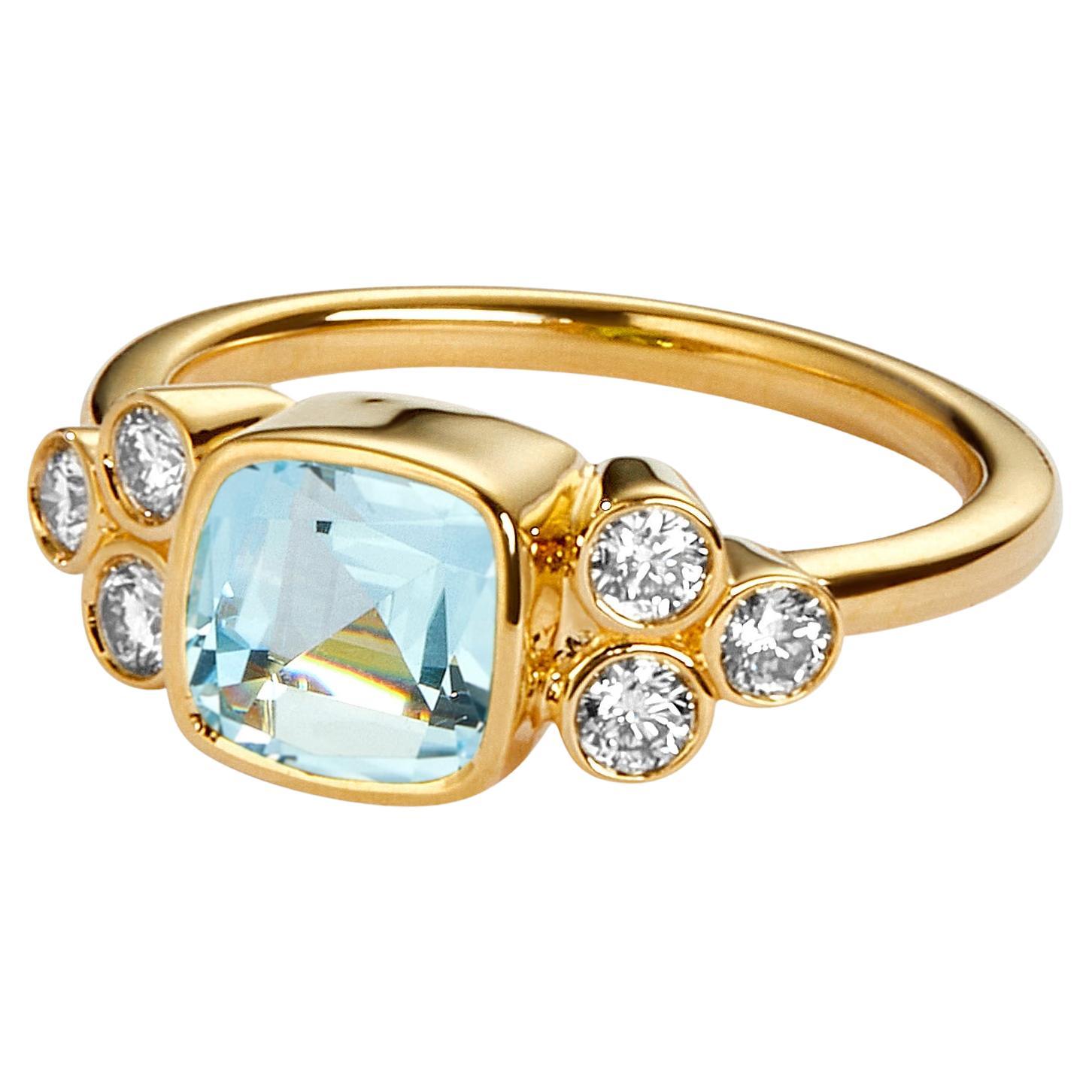 Syna Yellow Gold Blue Topaz Cushion Ring with Diamonds For Sale