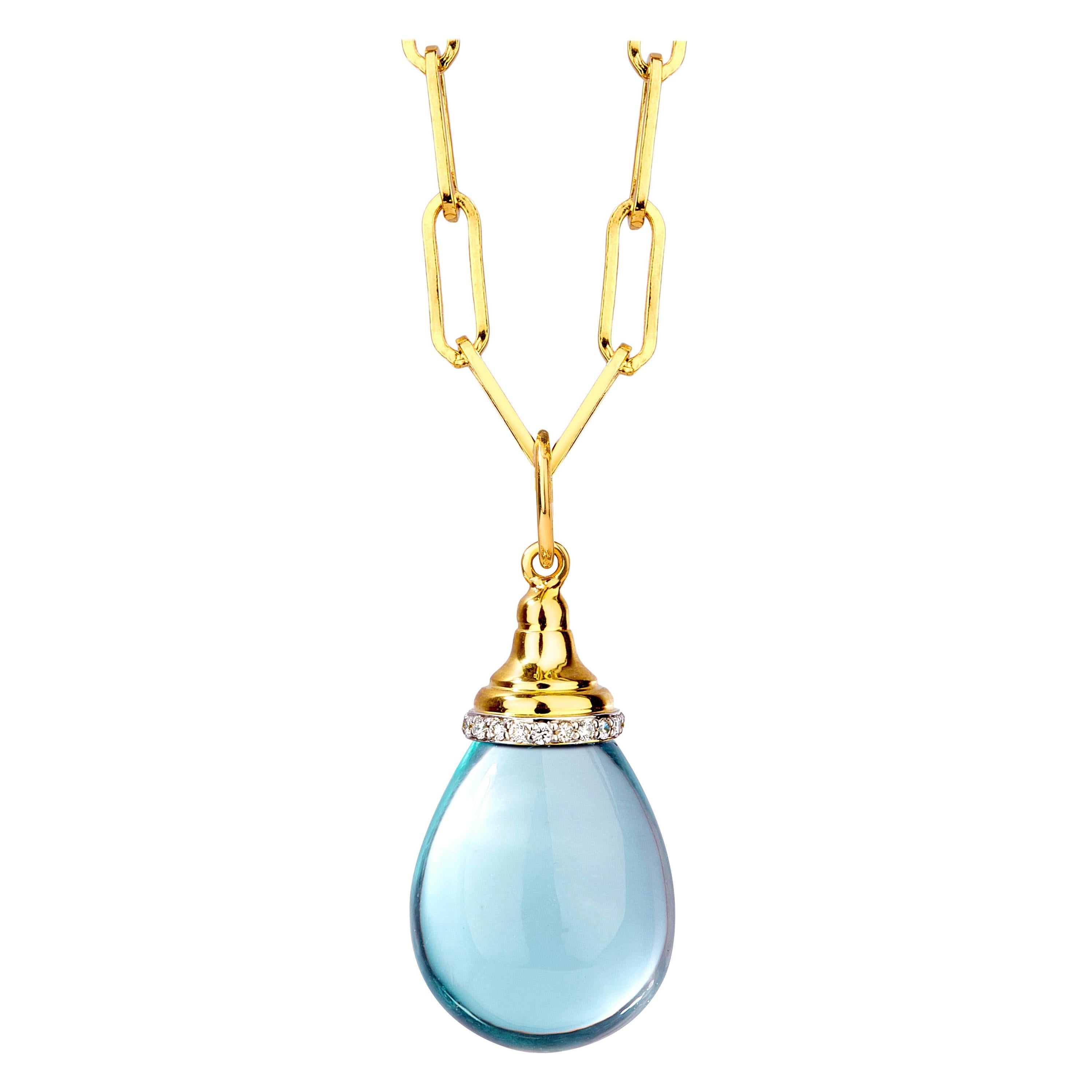 Syna Yellow Gold Blue Topaz Drop Pendant with Diamonds For Sale