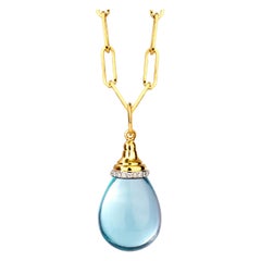 Syna Yellow Gold Blue Topaz Drop Pendant with Diamonds