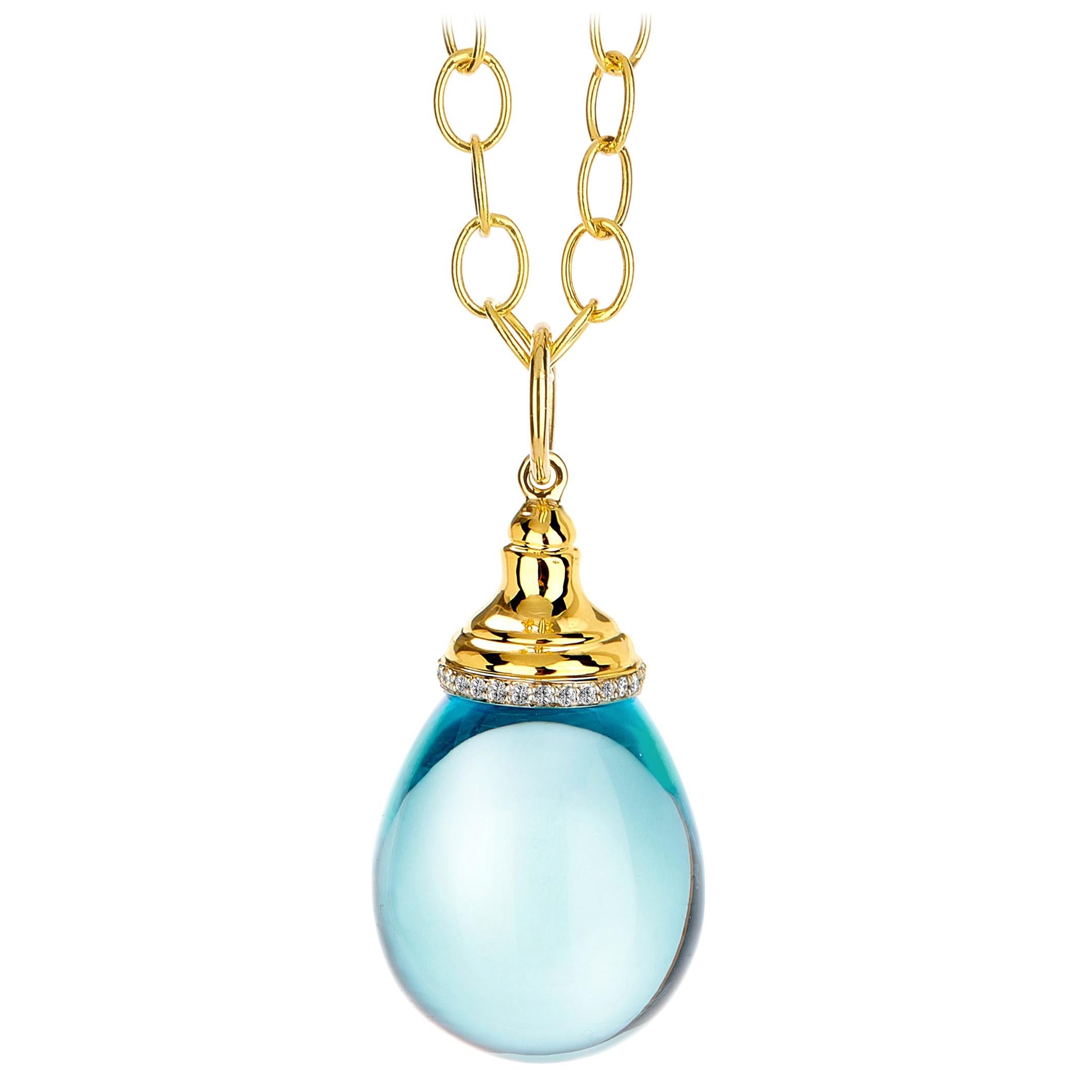 Syna Yellow Gold Blue Topaz Drop Pendant with Diamonds