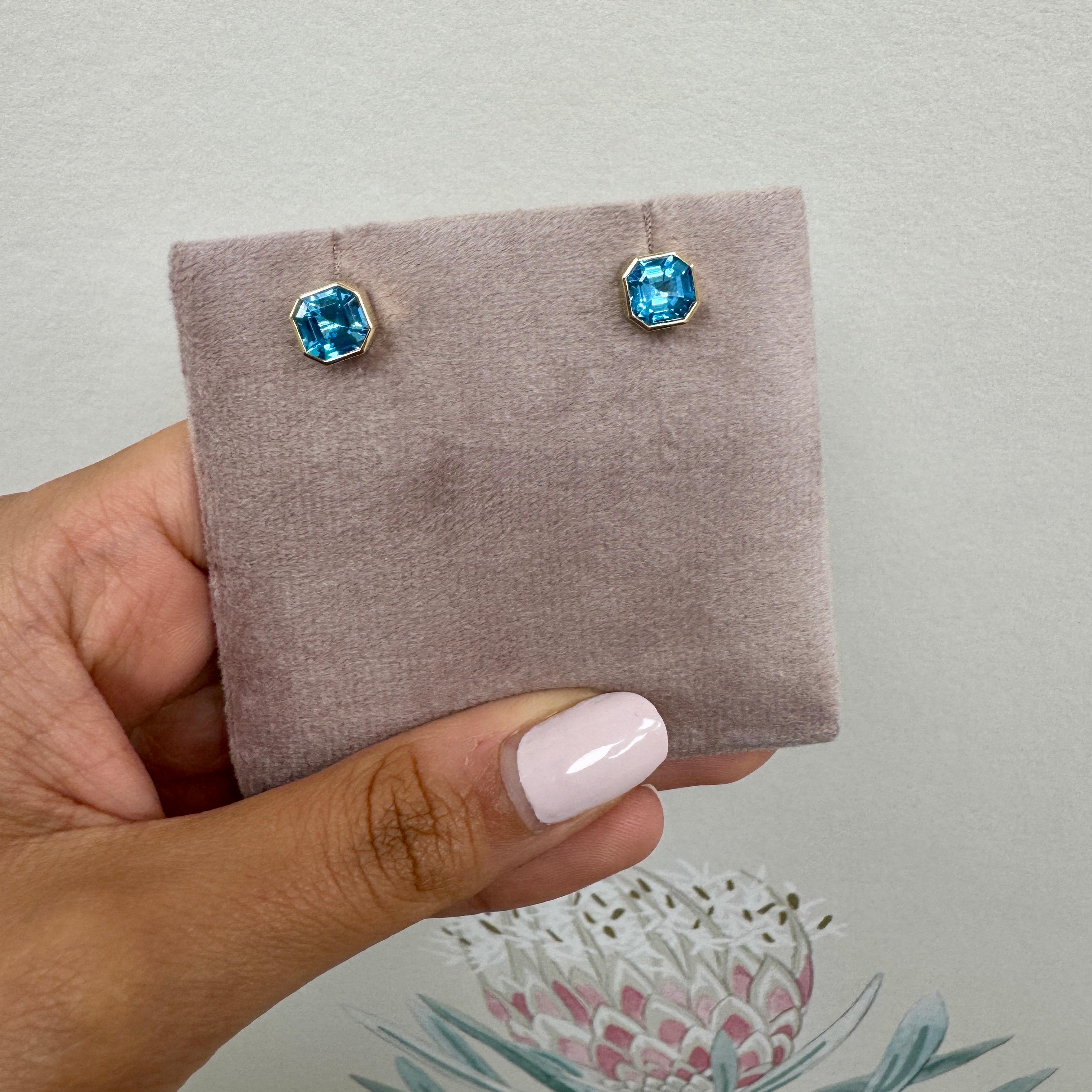 Cushion Cut Syna Yellow Gold Blue Topaz Earrings For Sale